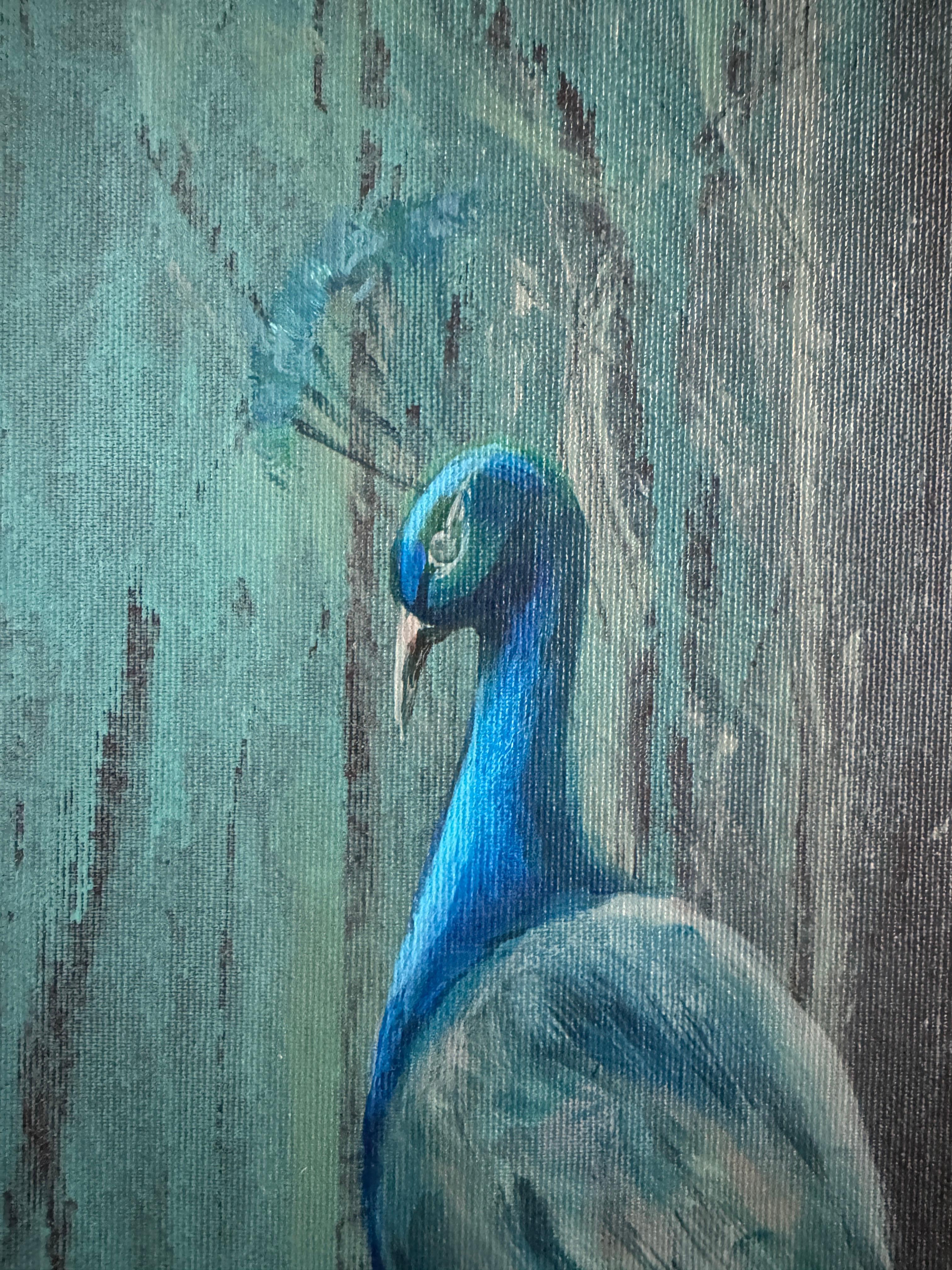 In the silence of the night, a woman reaches out to a peacock that seems near, yet just out of reach. A feather falls from its tail, as if a memory letting go. The shadow of that memory softly touches me, but the pain has quieted — leaving only the