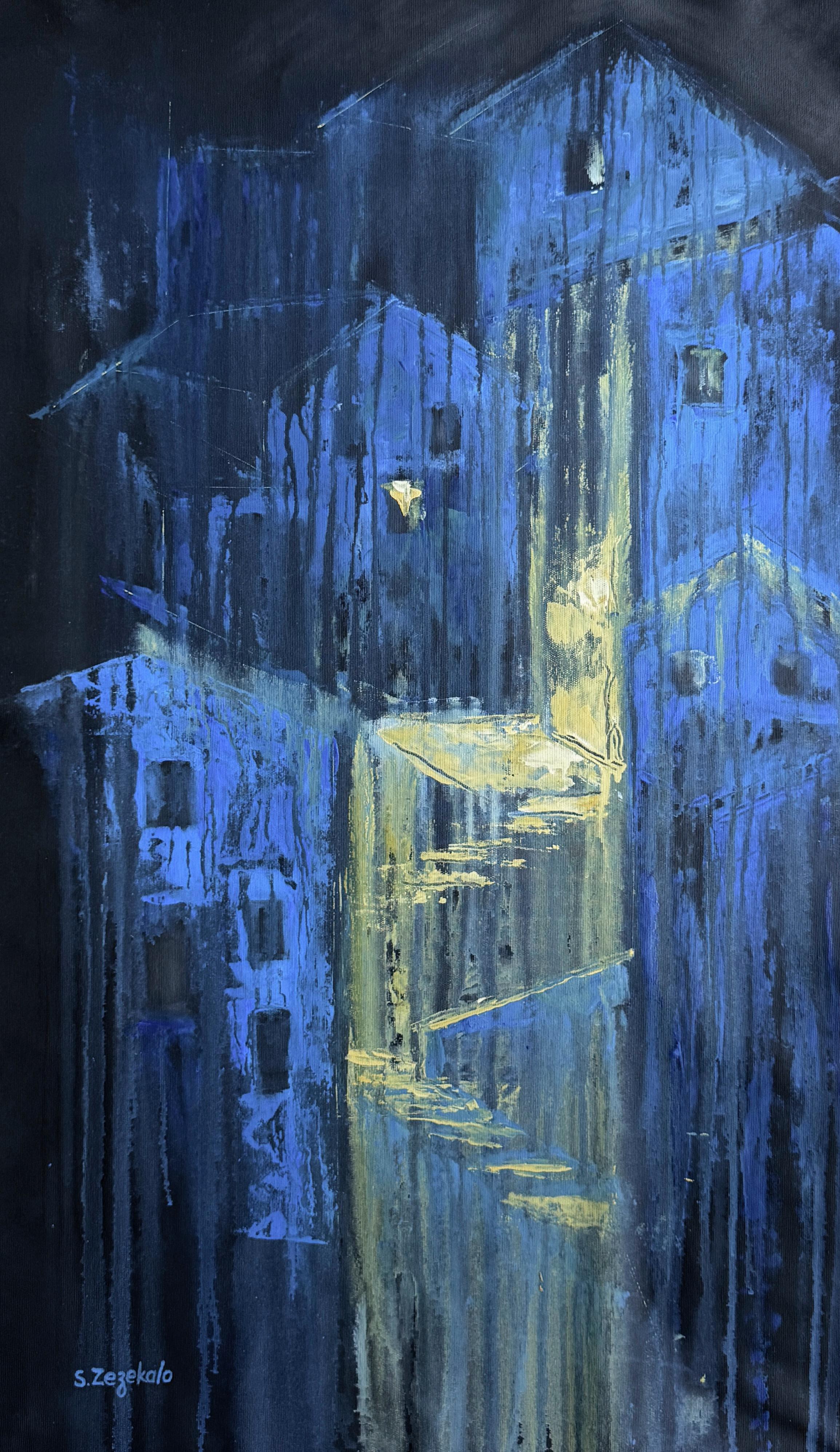 Svitlana Zezekalo Abstract Painting - Cascade of the Blue Hour,  series Architecture of Memory