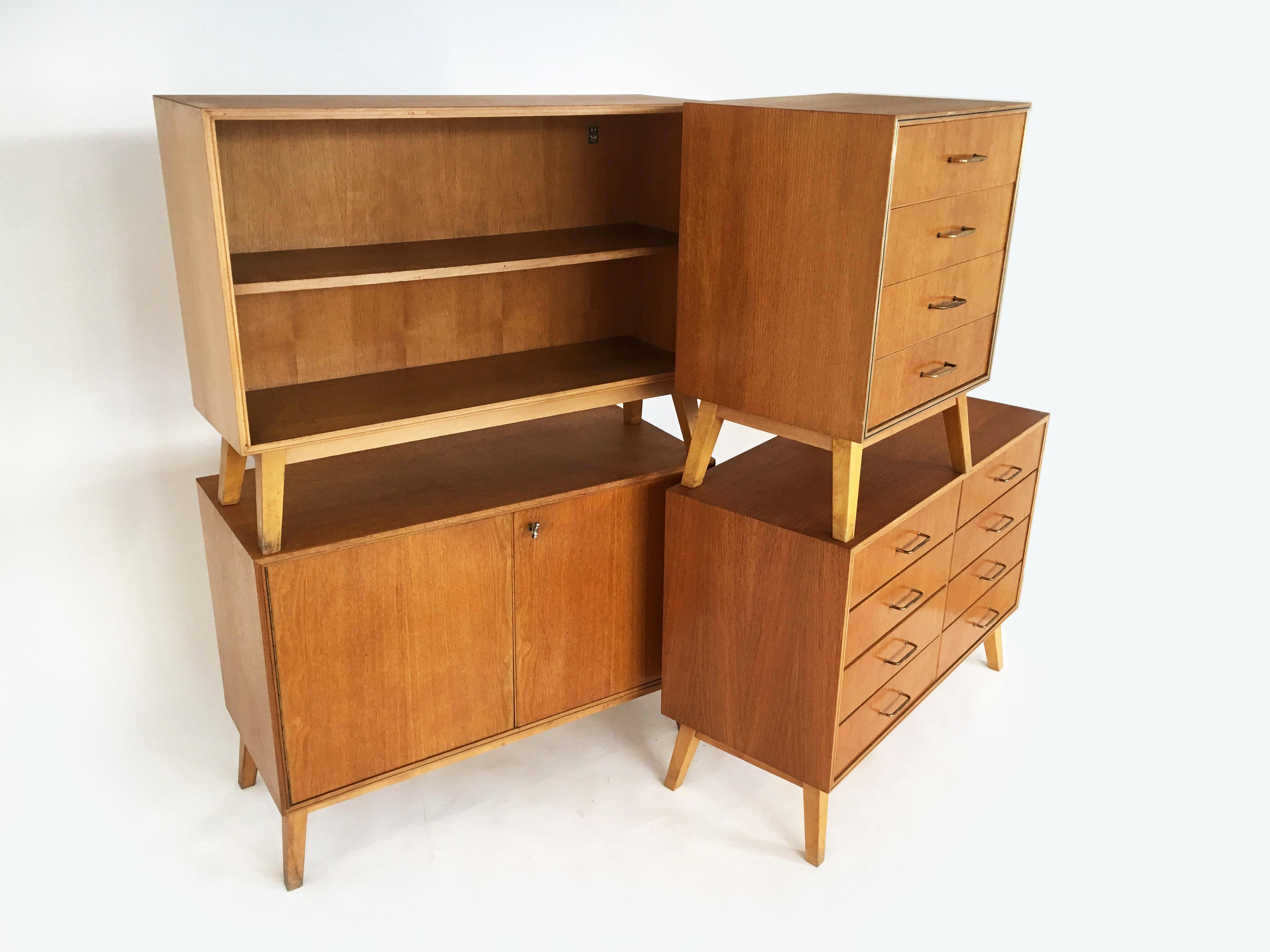 Mid-Century Modern SW Möbel Sideboard, Chest of Drawers, Bookcase Collection, Vienna, 1950s For Sale