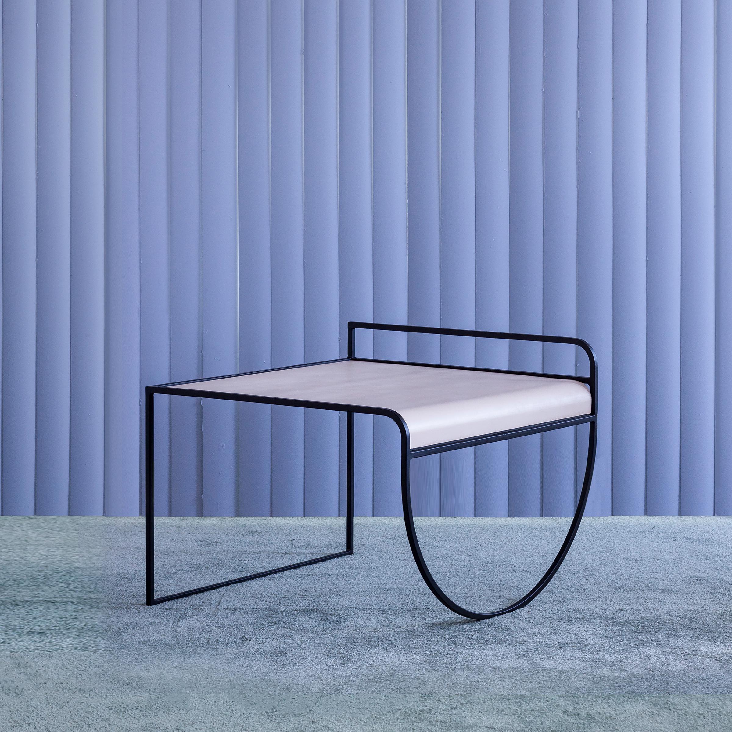 SW side table by soft-geometry
Materials: Powder coat steel frame with a flat, Bent steel top
Dimensions: 26 x 24.5 x 20” H  

Modern metal side table with a belly, featuring a fluid powder coat steel frame with a flat, bent steel top. The sw side