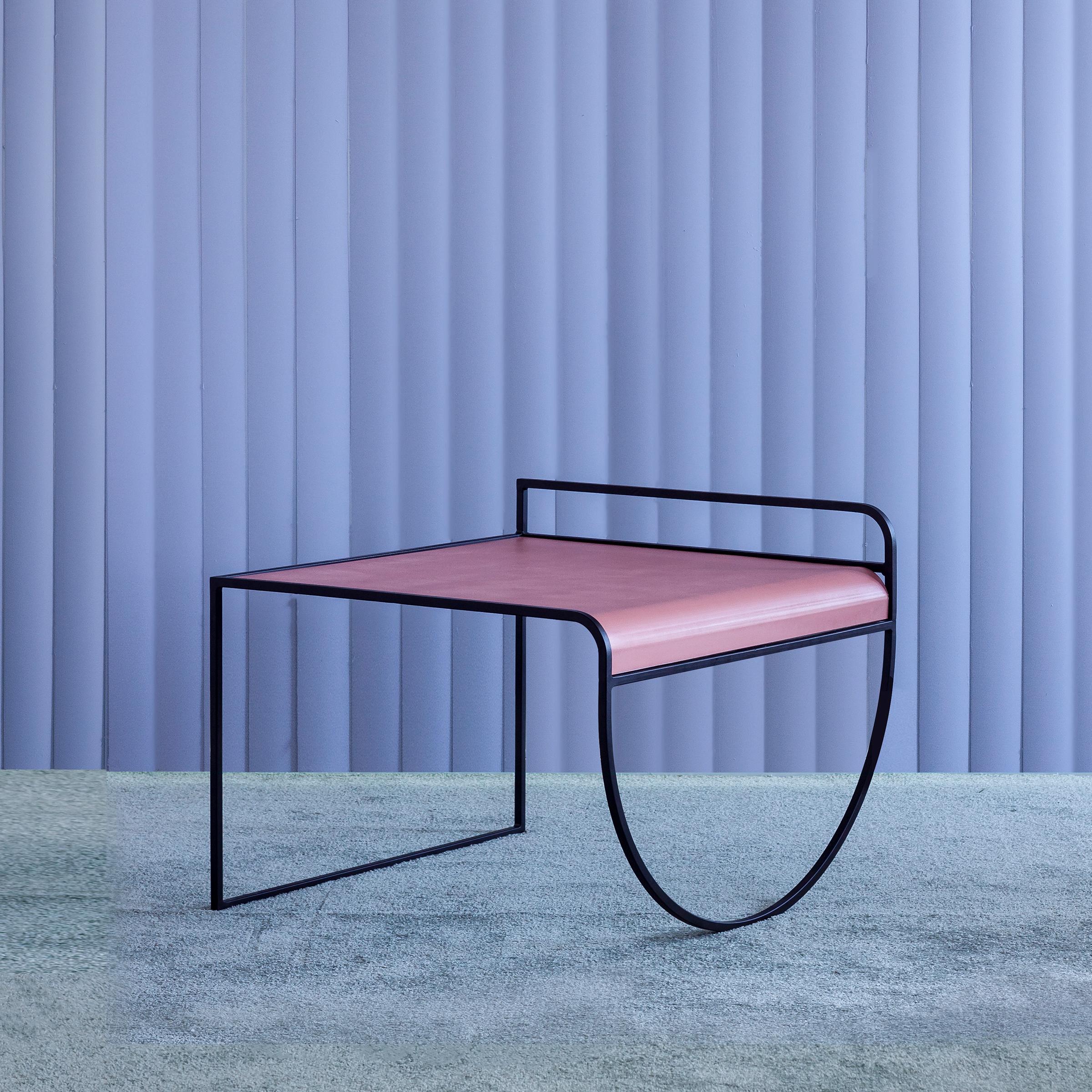 SW side table by soft-geometry
Materials: Powder coat steel frame with a flat, Bent steel top
Dimensions: 26 x 24.5 x 20” H  

Modern metal side table with a belly, featuring a fluid powder coat steel frame with a flat, bent steel top. The sw side