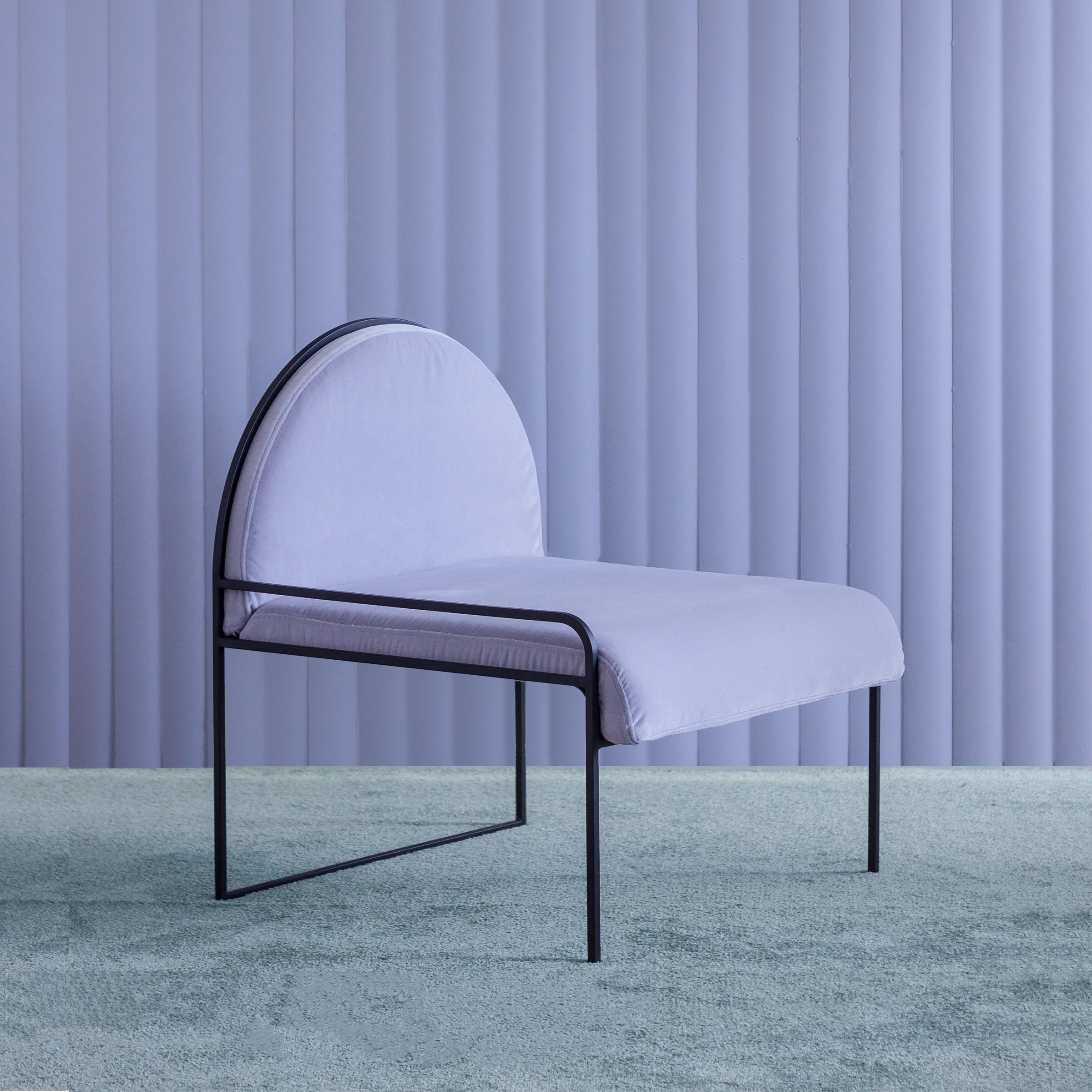 SW velvet chair by Soft-geometry
Materials: Velvet, Stainless steel
Dimensions: 26 x 26 x 30” H

Chair dressed in crisp velvet upholstery on a simple arched frame in stainless steel. Finding a delicate softness within its stark minimalism and