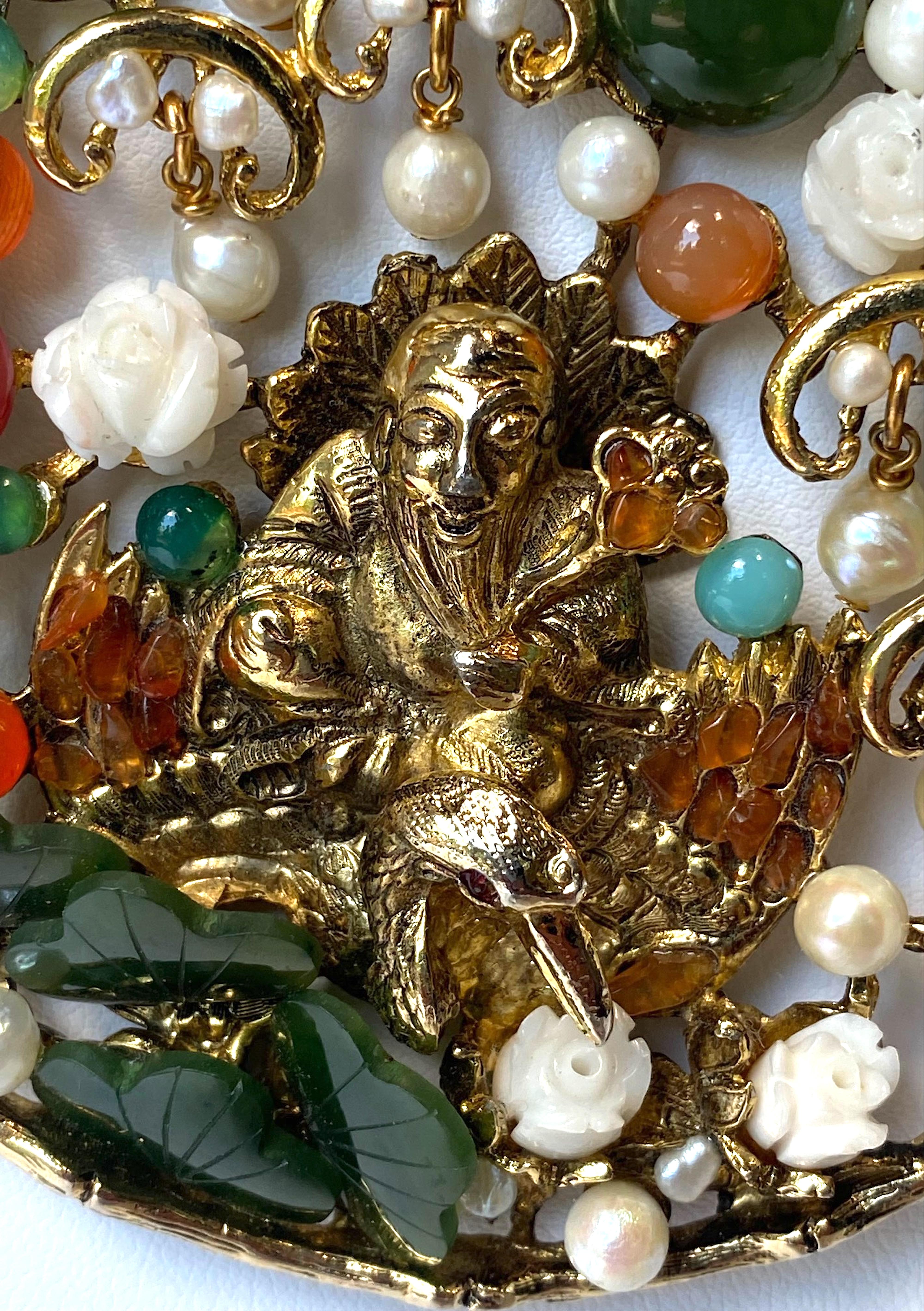 Swaboda Gold & Semi Precious Stone Buddha and Sarus Crane 1960s Necklace 5