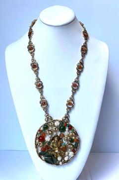 Swaboda Gold & Semi Precious Stone Buddha and Sarus Crane 1960s Necklace