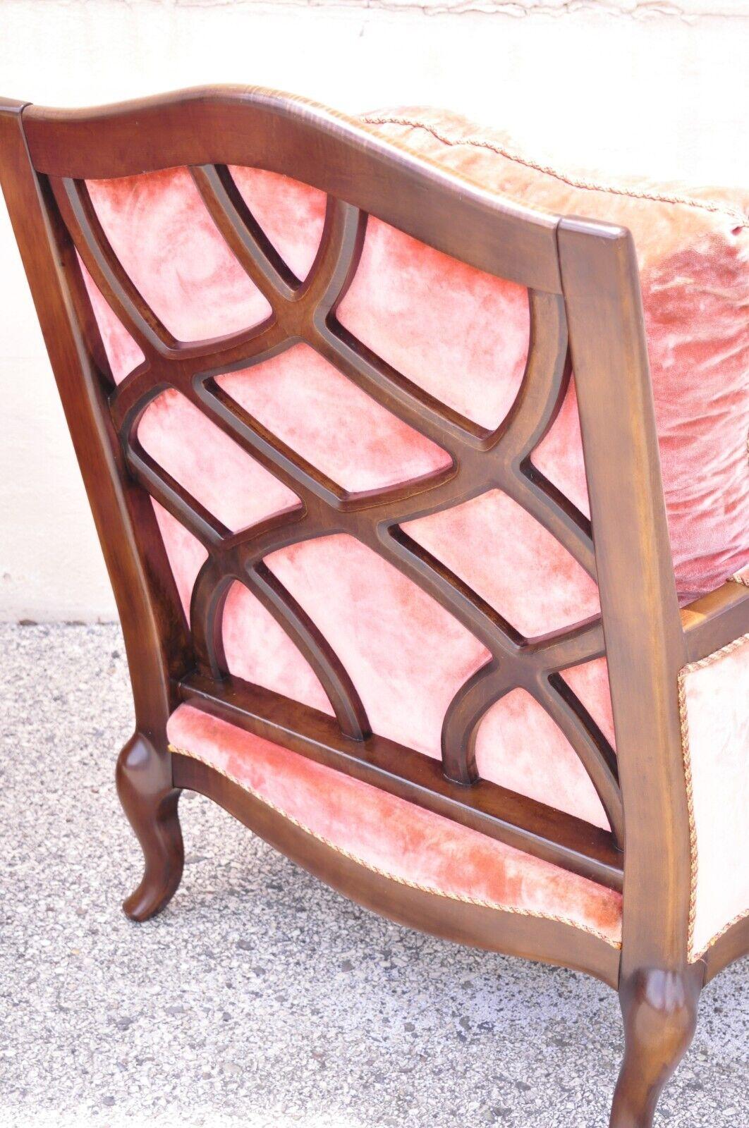 Wood Swaim French Country Hollywood Regency Lattice Back Club Lounge Chairs, a Pair