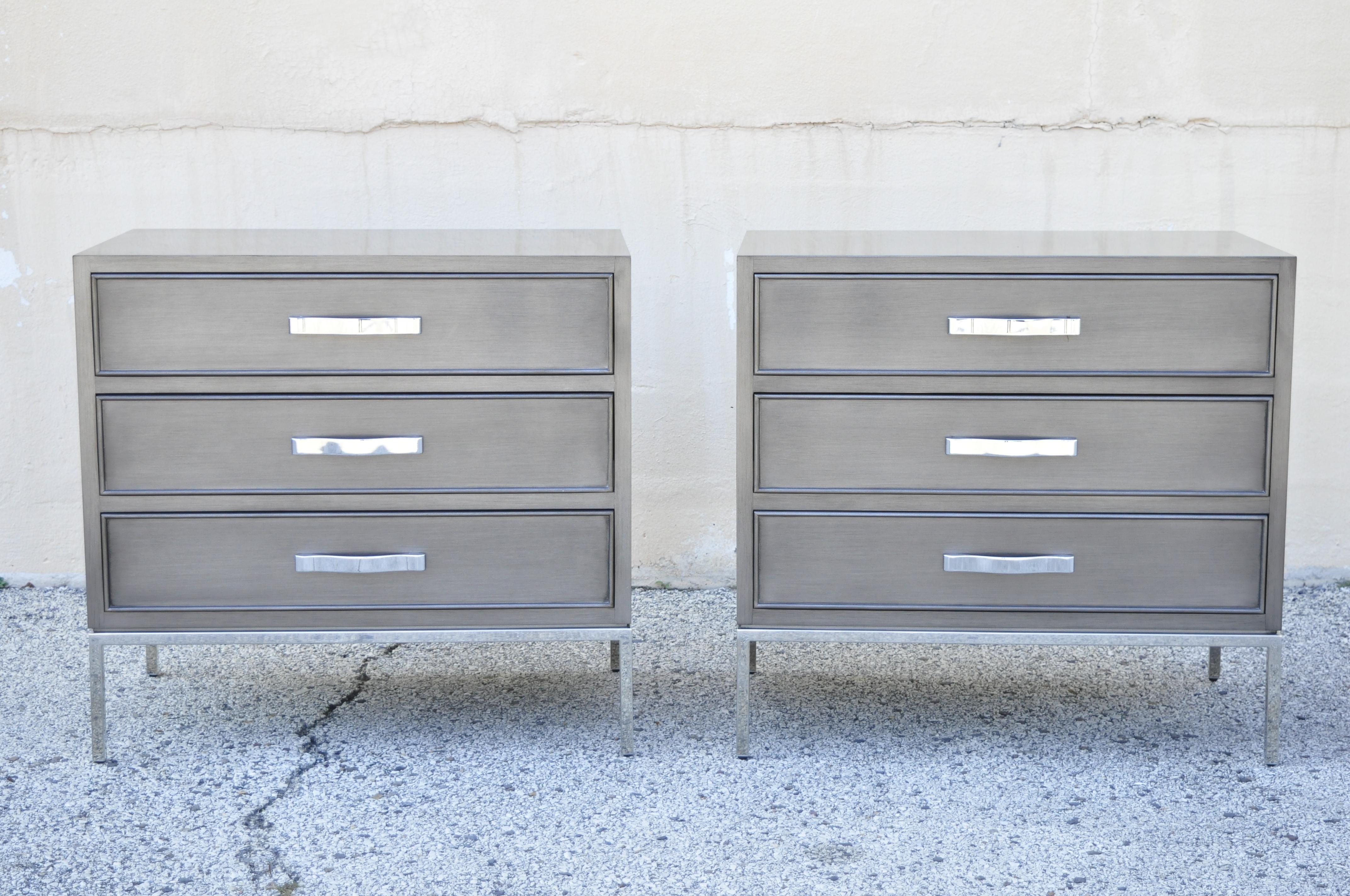 Swaim Furniture grant gray lacquer 3 drawer chest modern nightstands - a Pair. Item features polished chrome base and hardware, gray lacquered finish, original label, 3 drawers, clean modernist lines, quality American craftsmanship. Retail price