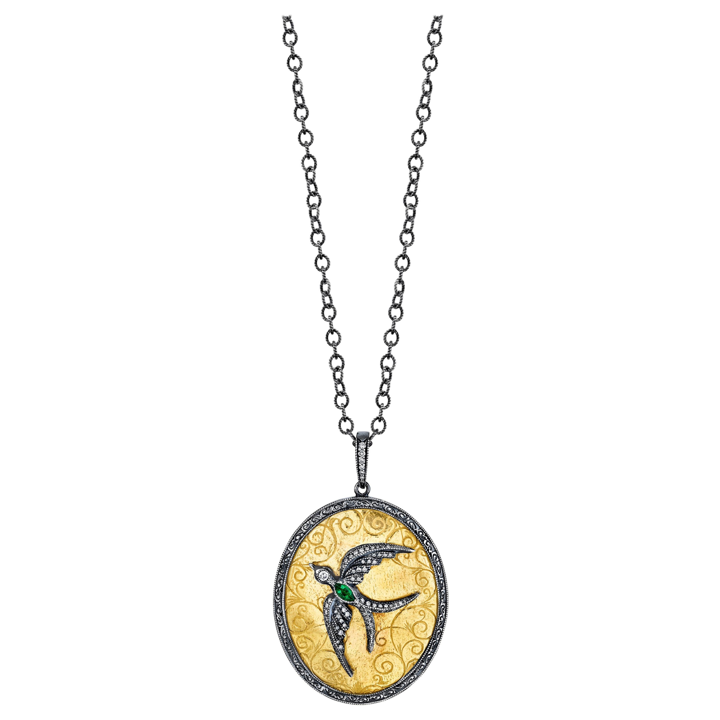 Swallow 22k Gold Pendant with Emerald and Diamonds For Sale