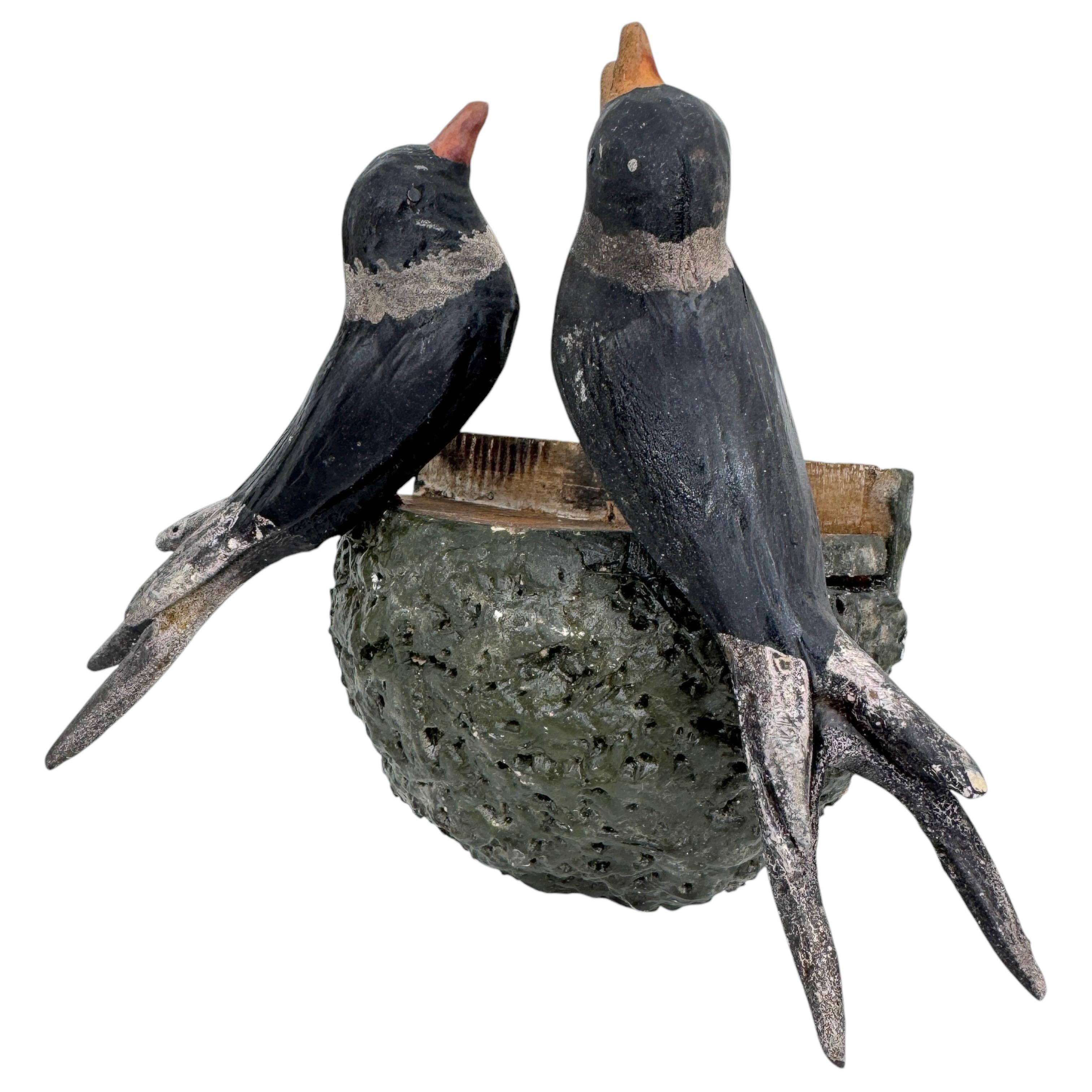 19th Century Swallow Nest Vichtauer Hand Carved Wood Bird Black Forest Folk Art Austria 1880s