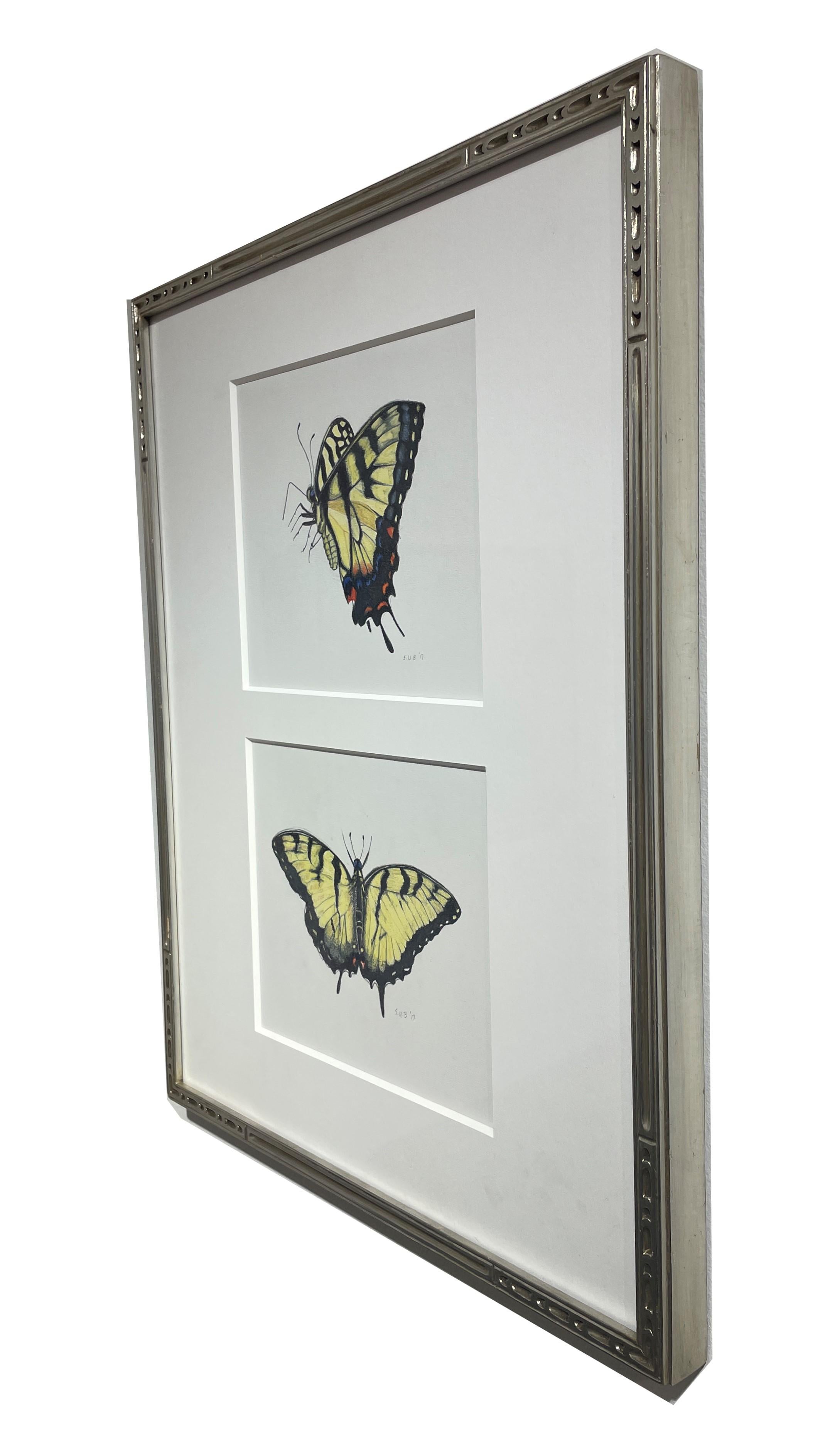 Hand-Crafted Swallow Tails, Double Butterfly Portrait Highly Detailed, Carved Silver Frame For Sale