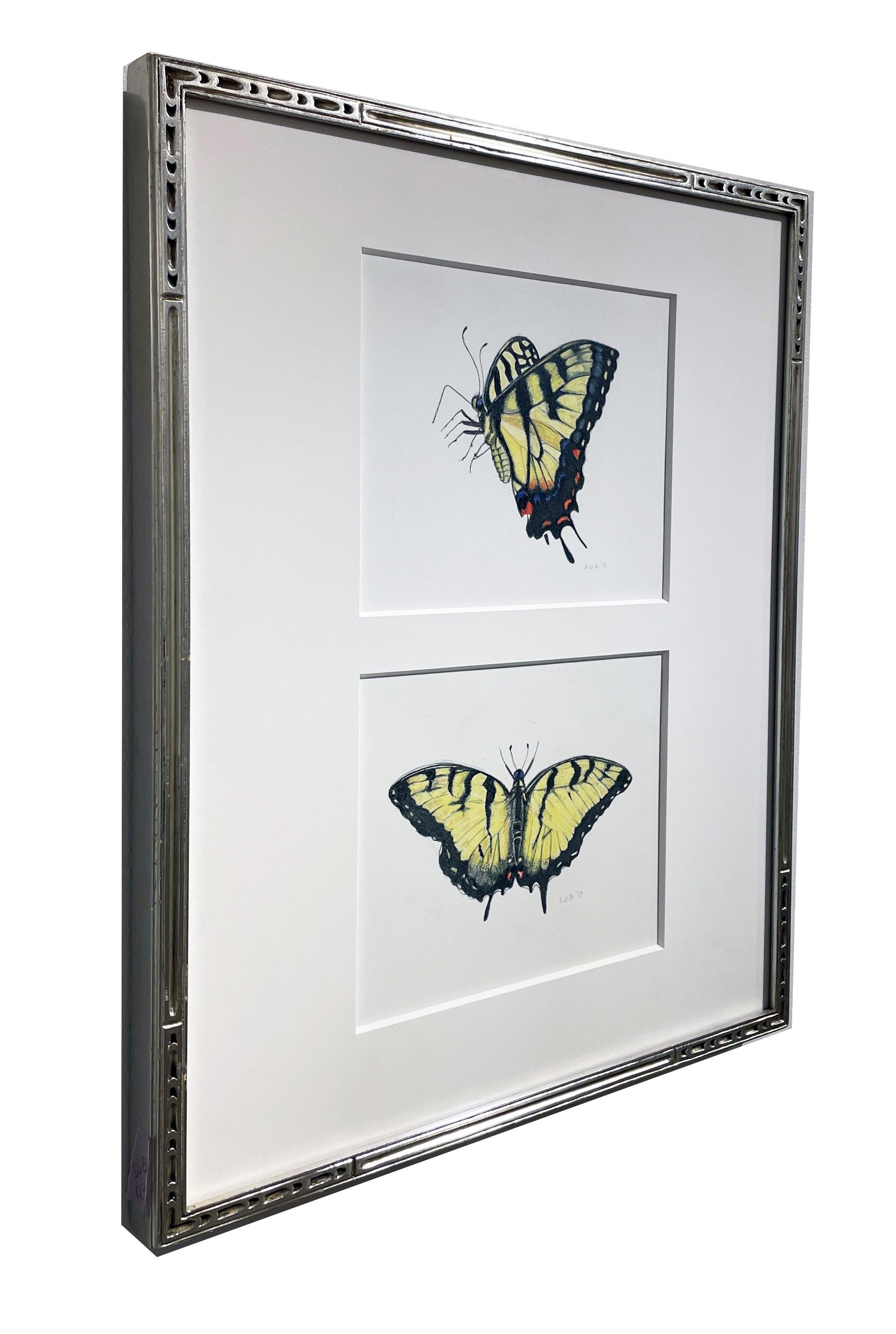 Swallow Tails, Double Butterfly Portrait Highly Detailed, Carved Silver Frame In New Condition For Sale In Chicago, IL