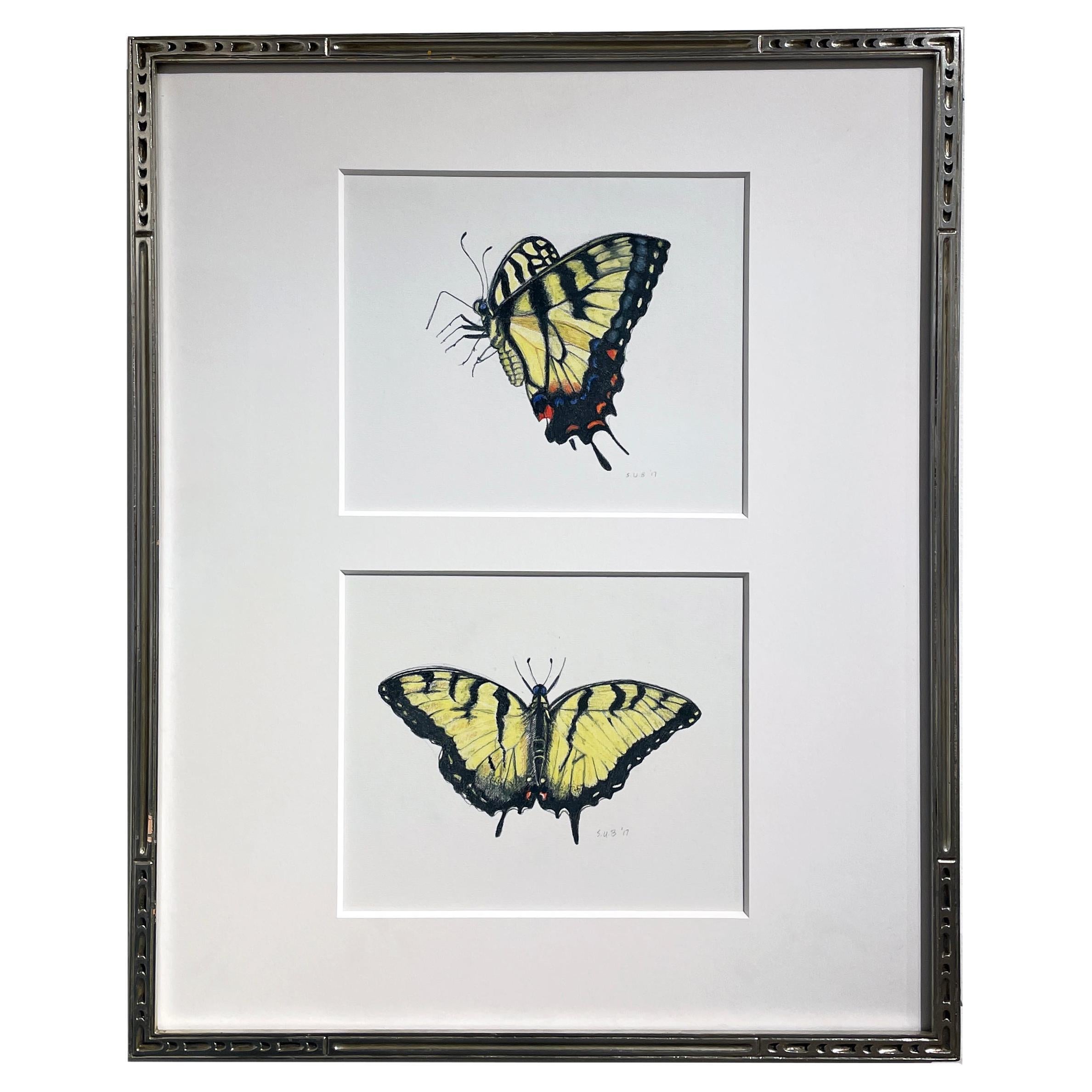 Swallow Tails, Double Butterfly Portrait Highly Detailed, Carved Silver Frame For Sale