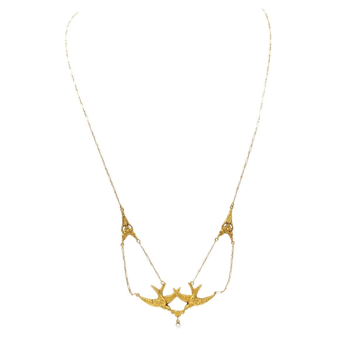 Swallows Art Nouveau French necklace in 18k gold, natural pearls birds drapery