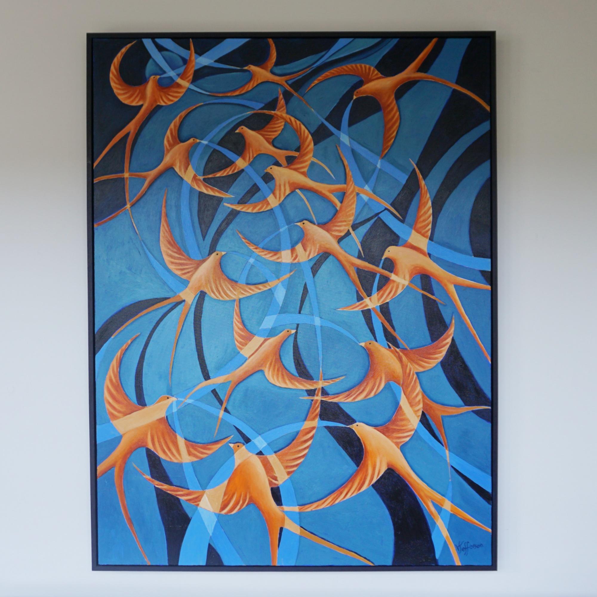'Swallows' An Art Deco style contemporary painting by Vera Jefferson. Oil on canvas, depicting swirling swallows across a stylised landscape. Signed V Jefferson to lower right. 

Dimensions: H 125cm W 95cm

Vera Jefferson trained at Goldsmiths