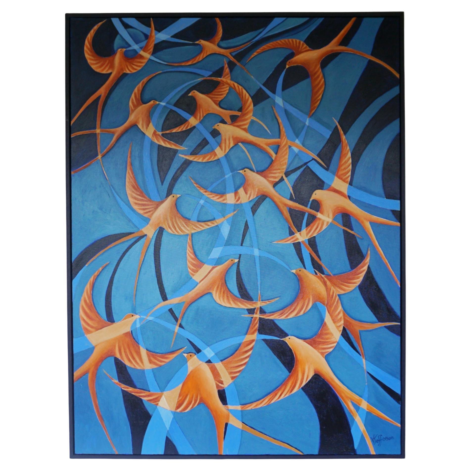 'Swallows' `Contemporary Oil on Canvas For Sale