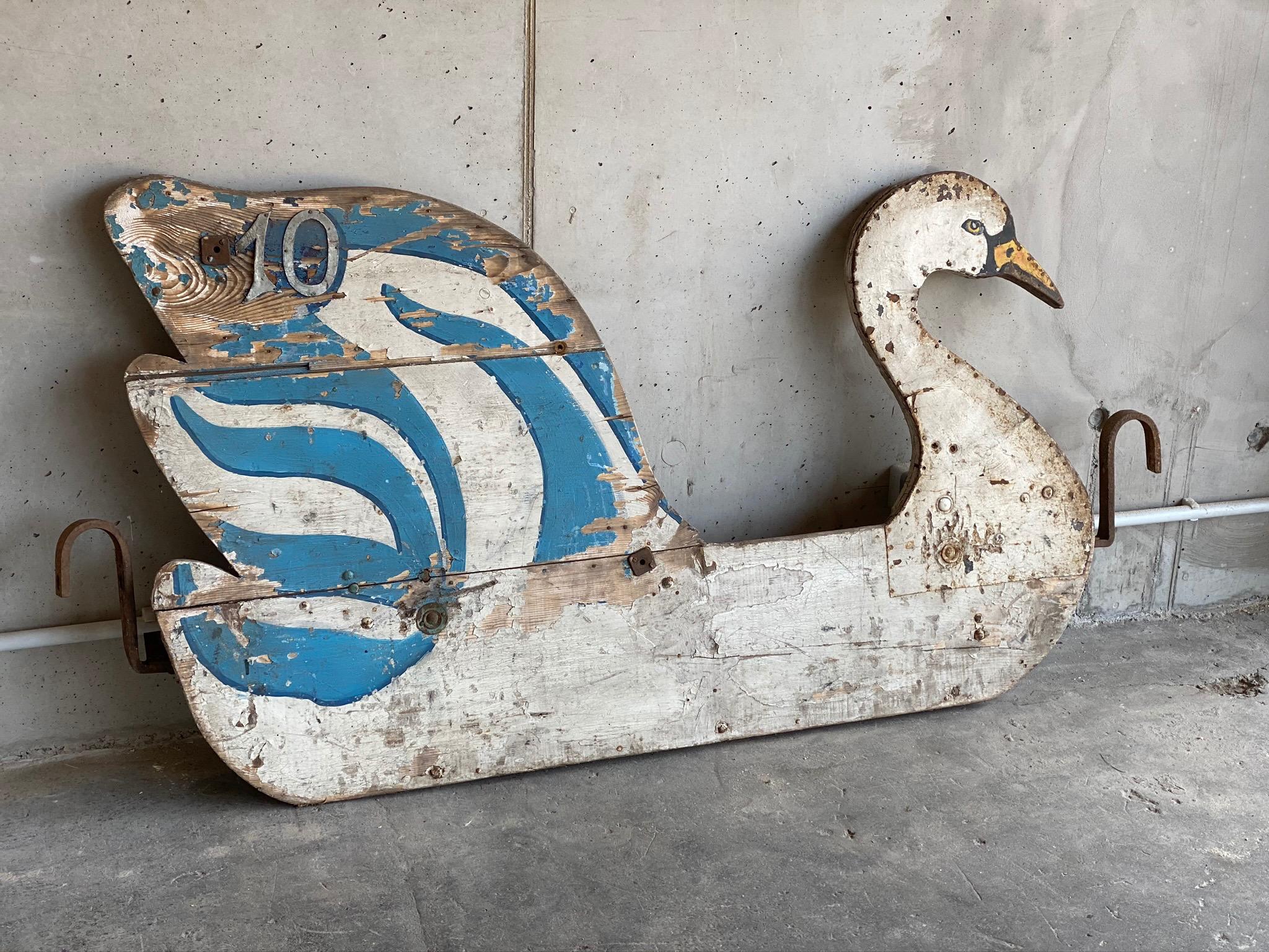 Painted Swan Art Deco Side Panel of Carousel Wagon, France 1920s, Decorative Object