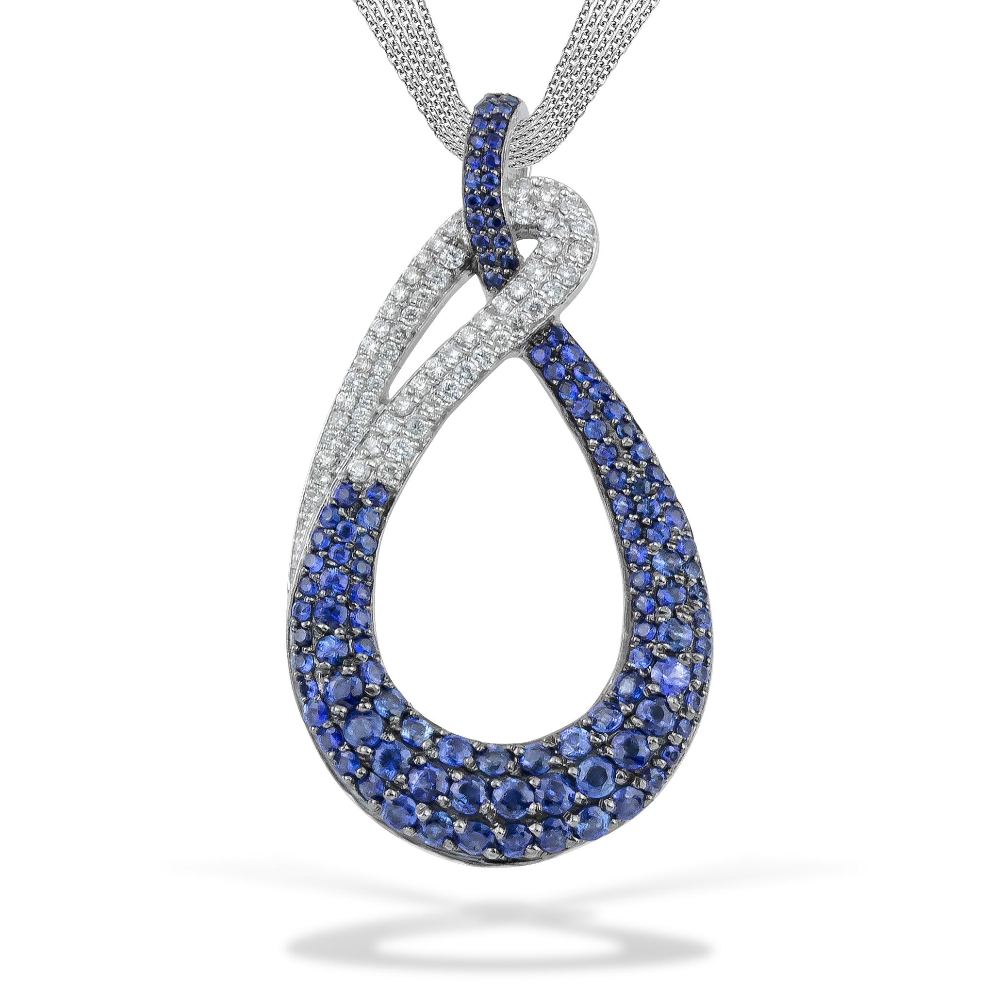 Swan Blue Pave Sapphires Diamanten Anhänger Halskette 18kt Weißgold Multi Chains (Zeitgenössisch) im Angebot