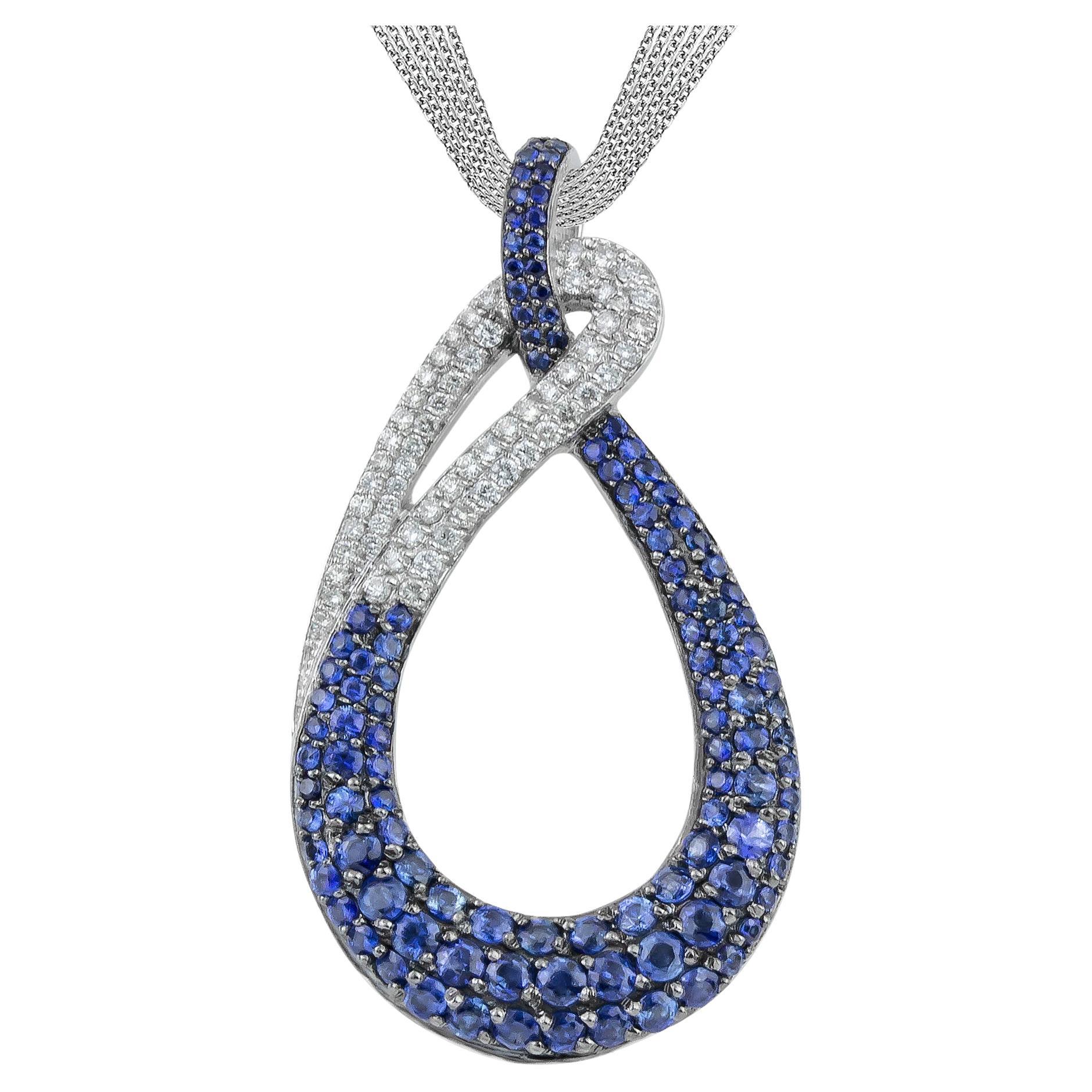 Swan Blue Pave Sapphires Diamonds Pendant Necklace 18kt White Gold Multi Chains