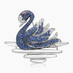Swan Blue Sapphire Diamond Ruby & Pearl 18K White Gold Bird Animal Brooch
