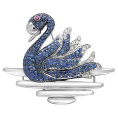 Schwan Blauer Saphir Diamant Rubin & Perle 18K Weißgold Vogel Tier Brosche