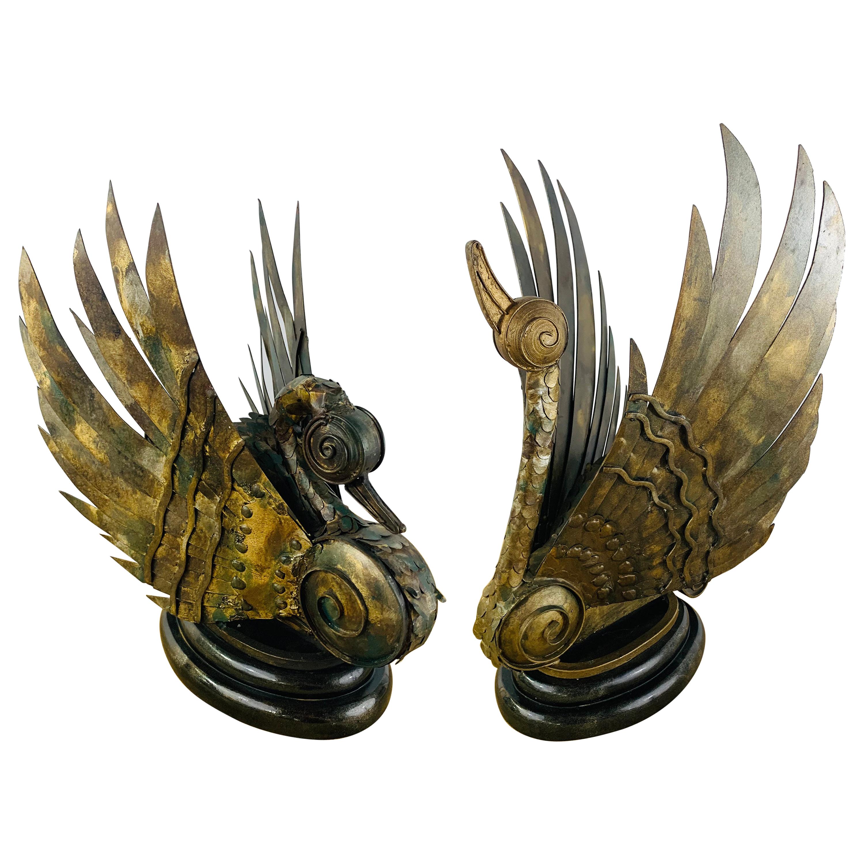 Swan Bronze Brutalist Statue, a Pair For Sale
