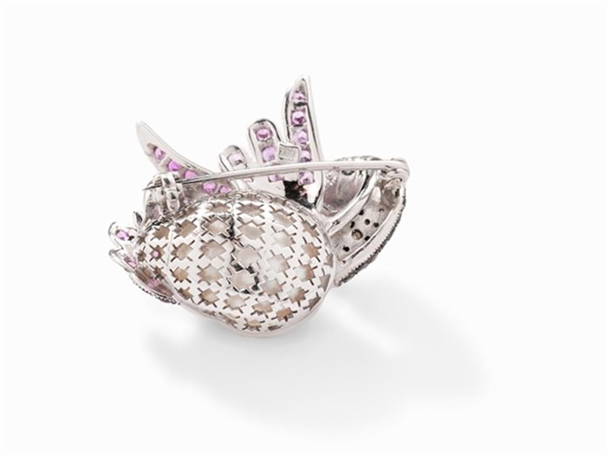 Round Cut Swan Brooch with South Sea Cultured Pearl, Pink Sapphires 18 Karat White Gold For Sale