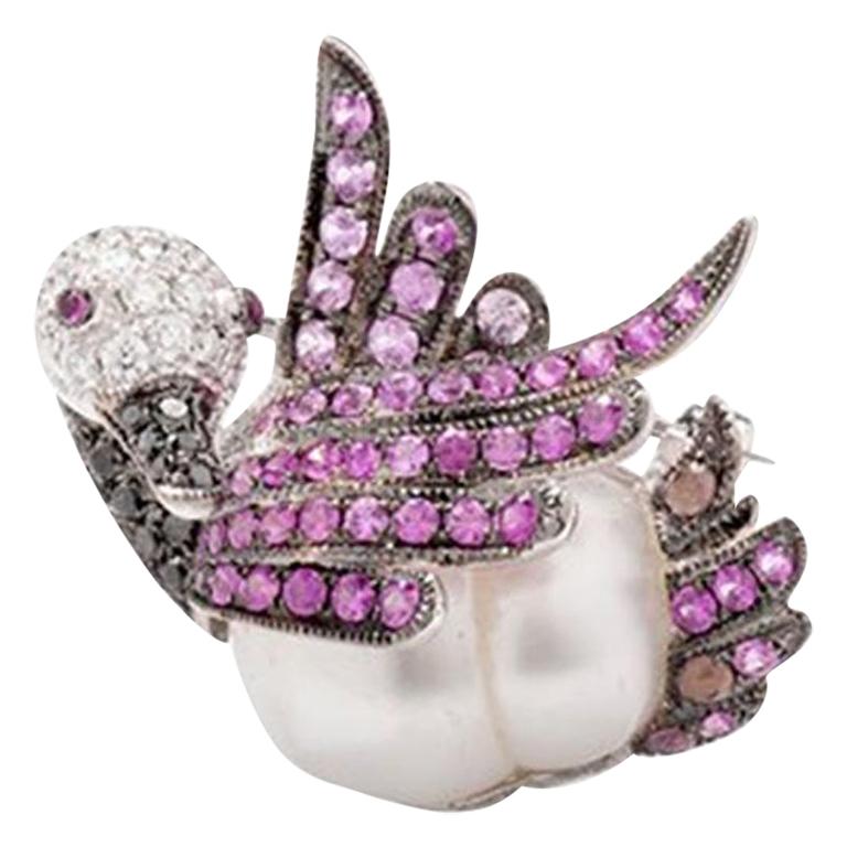 Swan Brooch with South Sea Cultured Pearl, Pink Sapphires 18 Karat White Gold For Sale