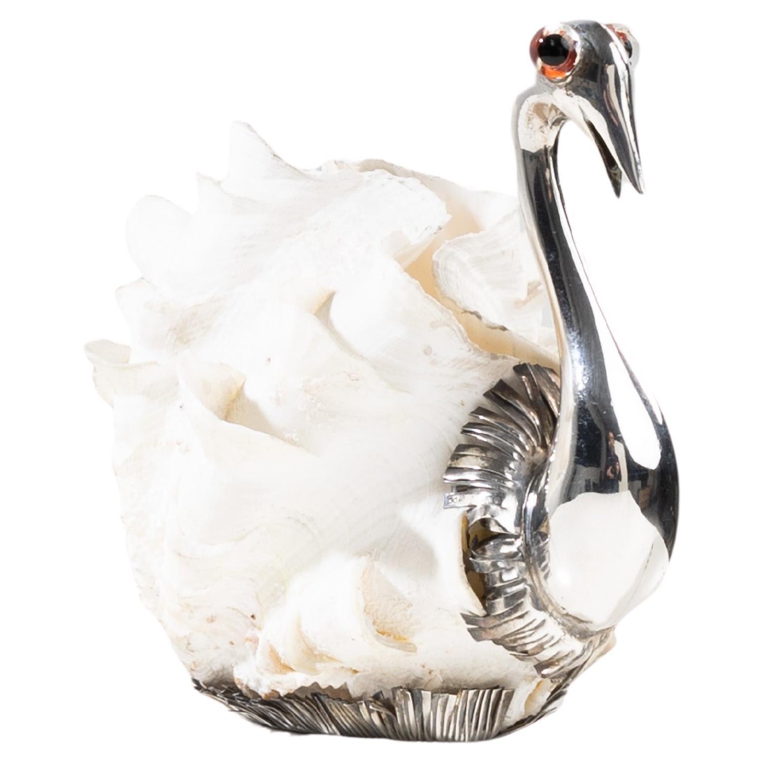 Swan by Gabriele De Vecchi – Silver sculpture mounted on a shell For Sale