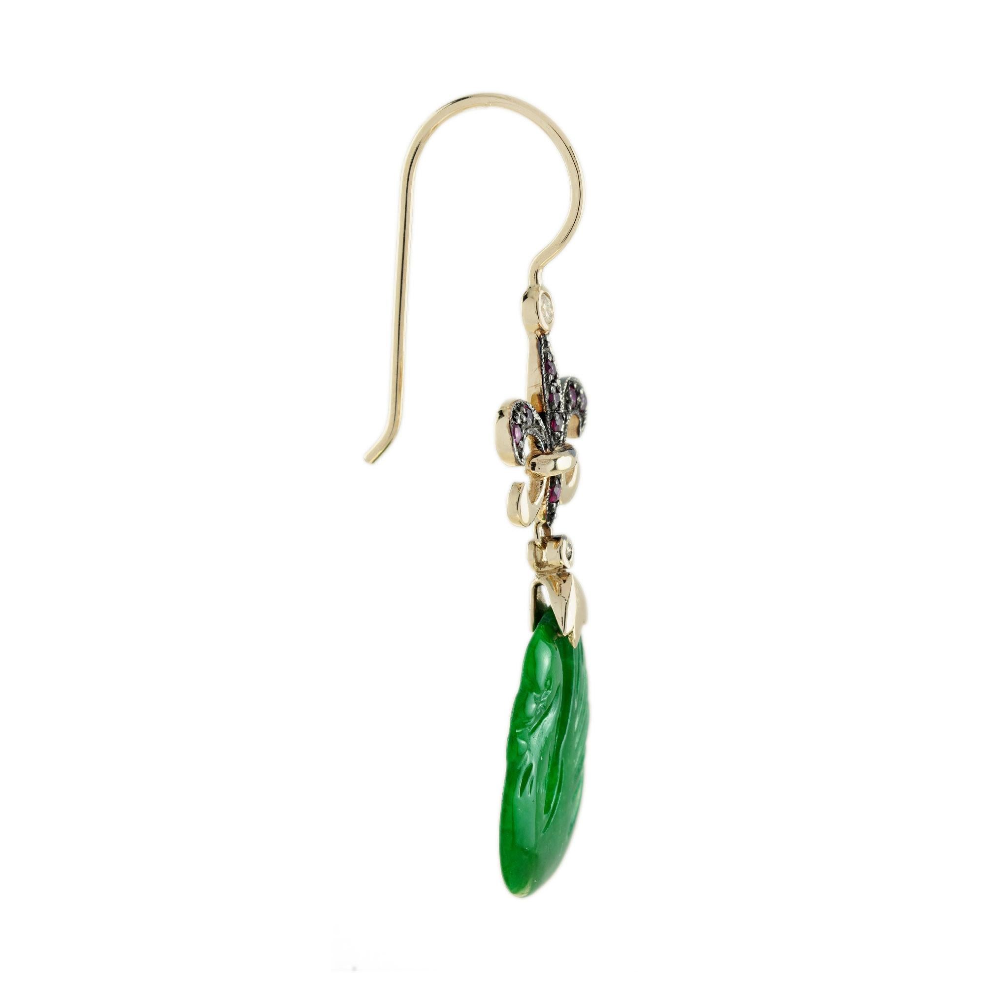 Round Cut Swan Carved Jade Ruby Diamond Vintage Style Dangle 9K Gold Earrings For Sale