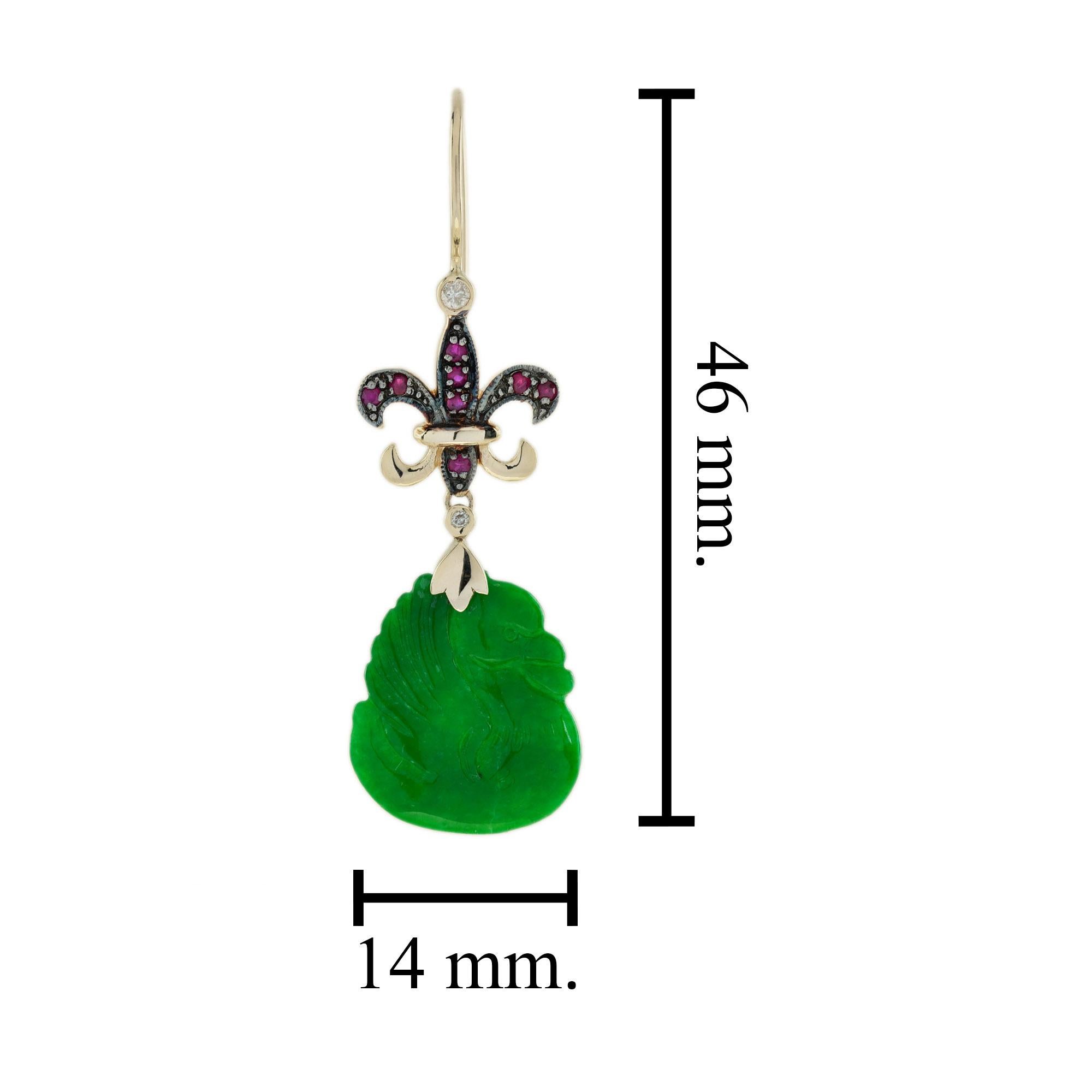 Swan Carved Jade Ruby Diamond Vintage Style Dangle 9K Gold Earrings In Good Condition For Sale In Oakton, VA