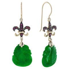 Swan Carved Jade Ruby Diamond Vintage Style Dangle 9K Gold Earrings
