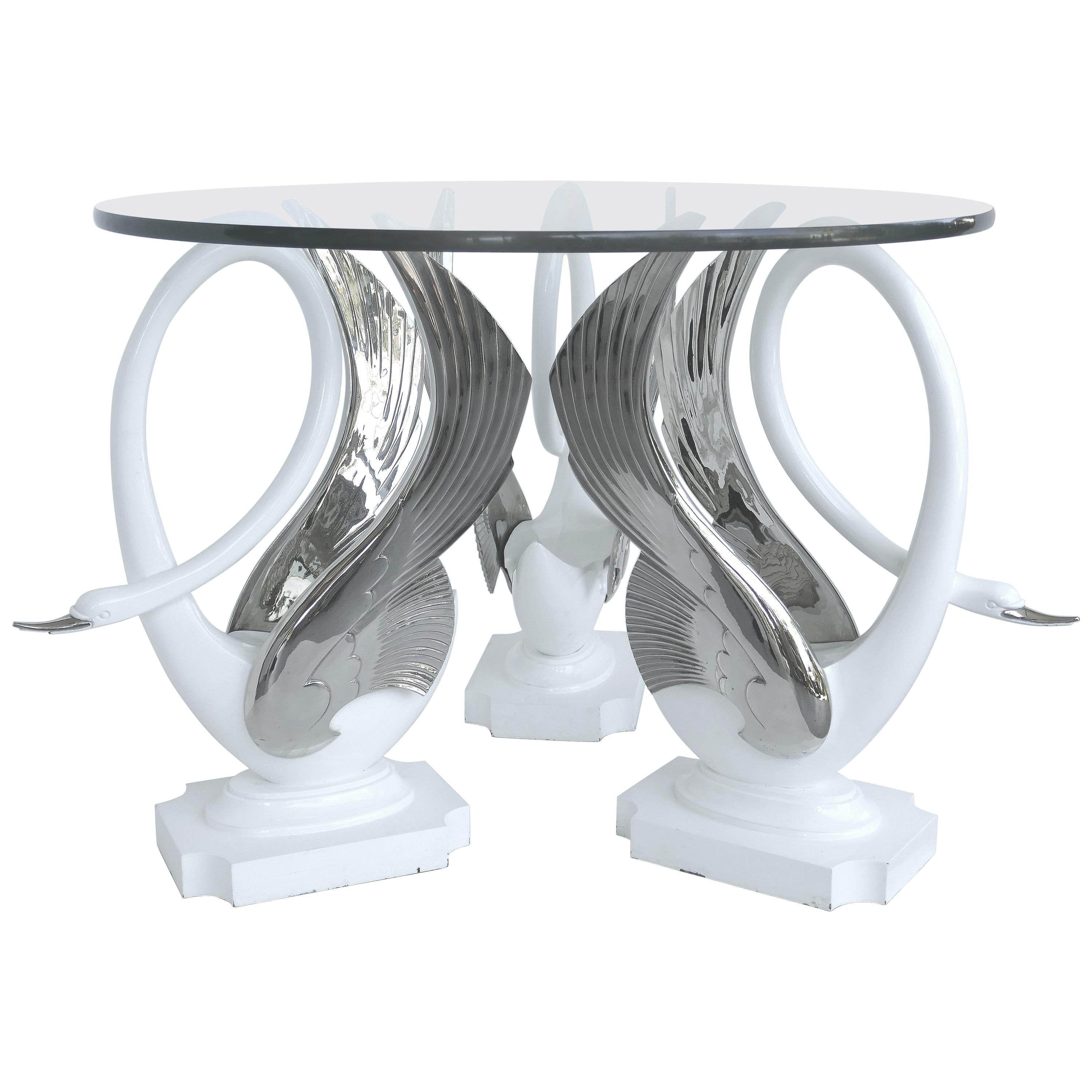 Swan Center/Side Table in Resin with Silver Bases and Round Glass Top For Sale