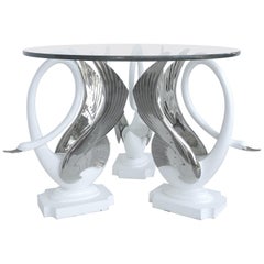 Retro Swan Center/Side Table in Resin with Silver Bases and Round Glass Top