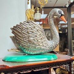 Cuenco centro de mesa Cisne de plata de ley con pedestal de malaquita