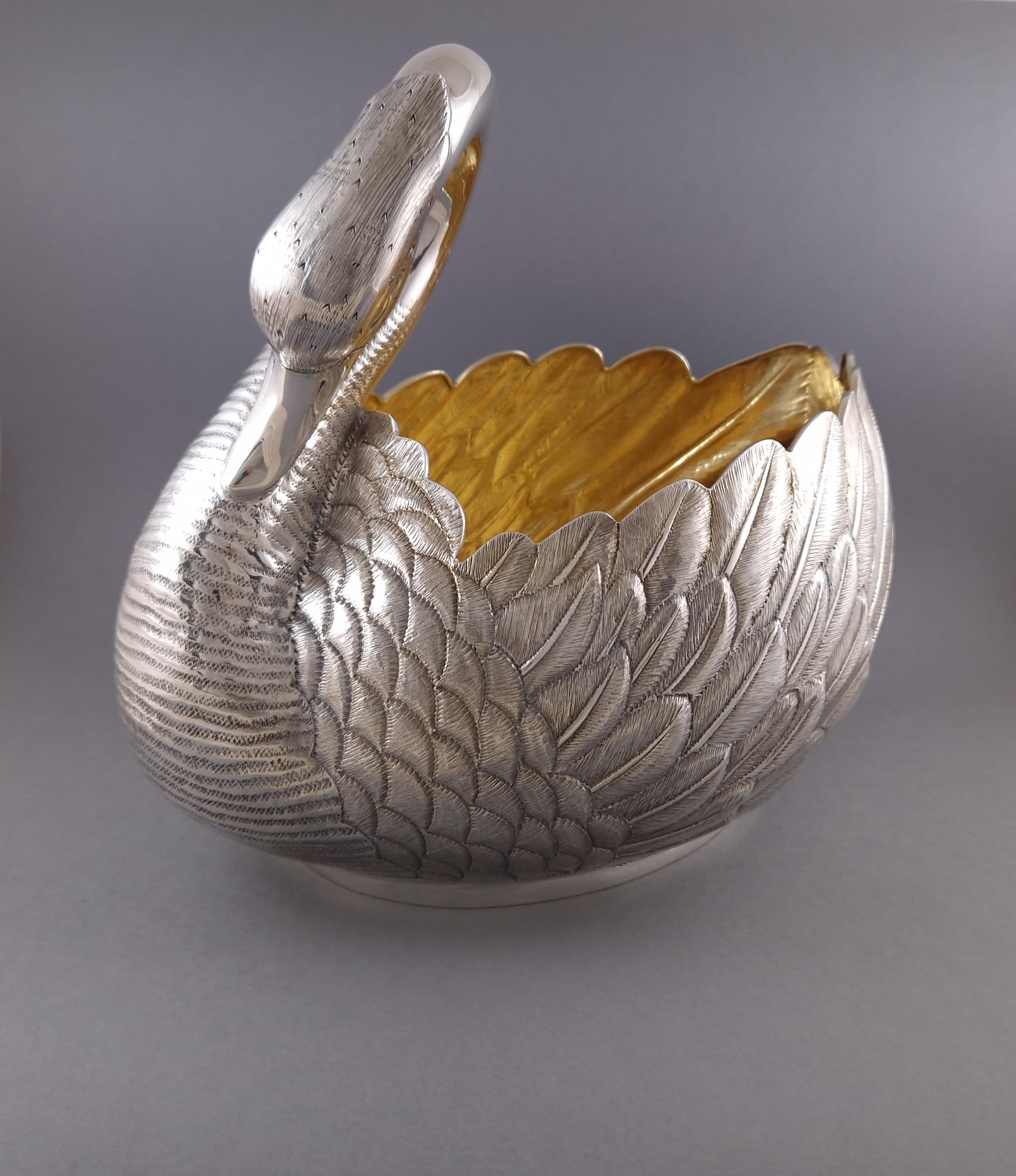 Italian Swan Centerpiece In Sterling Silver And Gilt For Sale