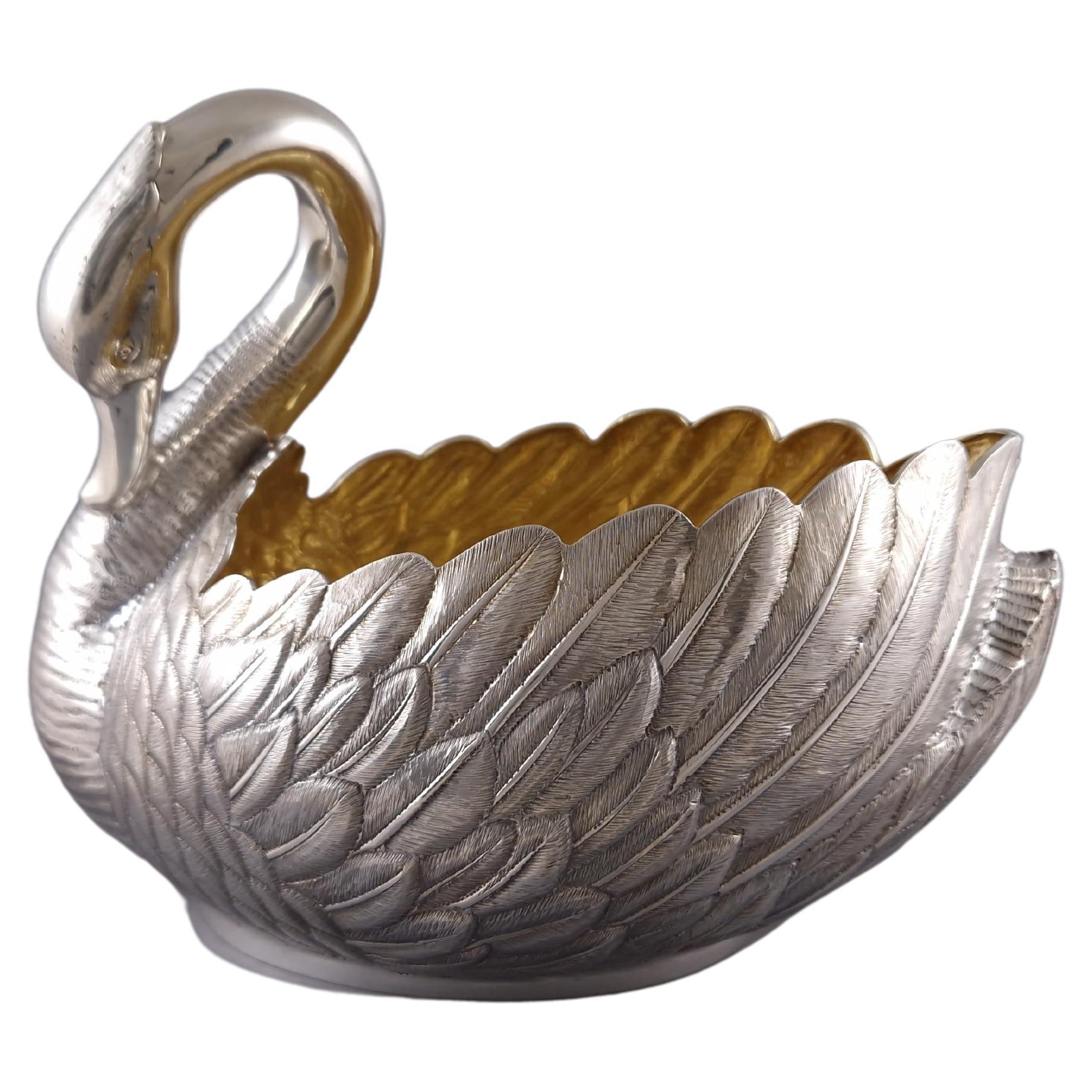 Swan Centerpiece In Sterling Silver And Gilt For Sale