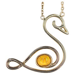 Swan Design Mexican Fire Opal Necklace 18K Yellow Gold