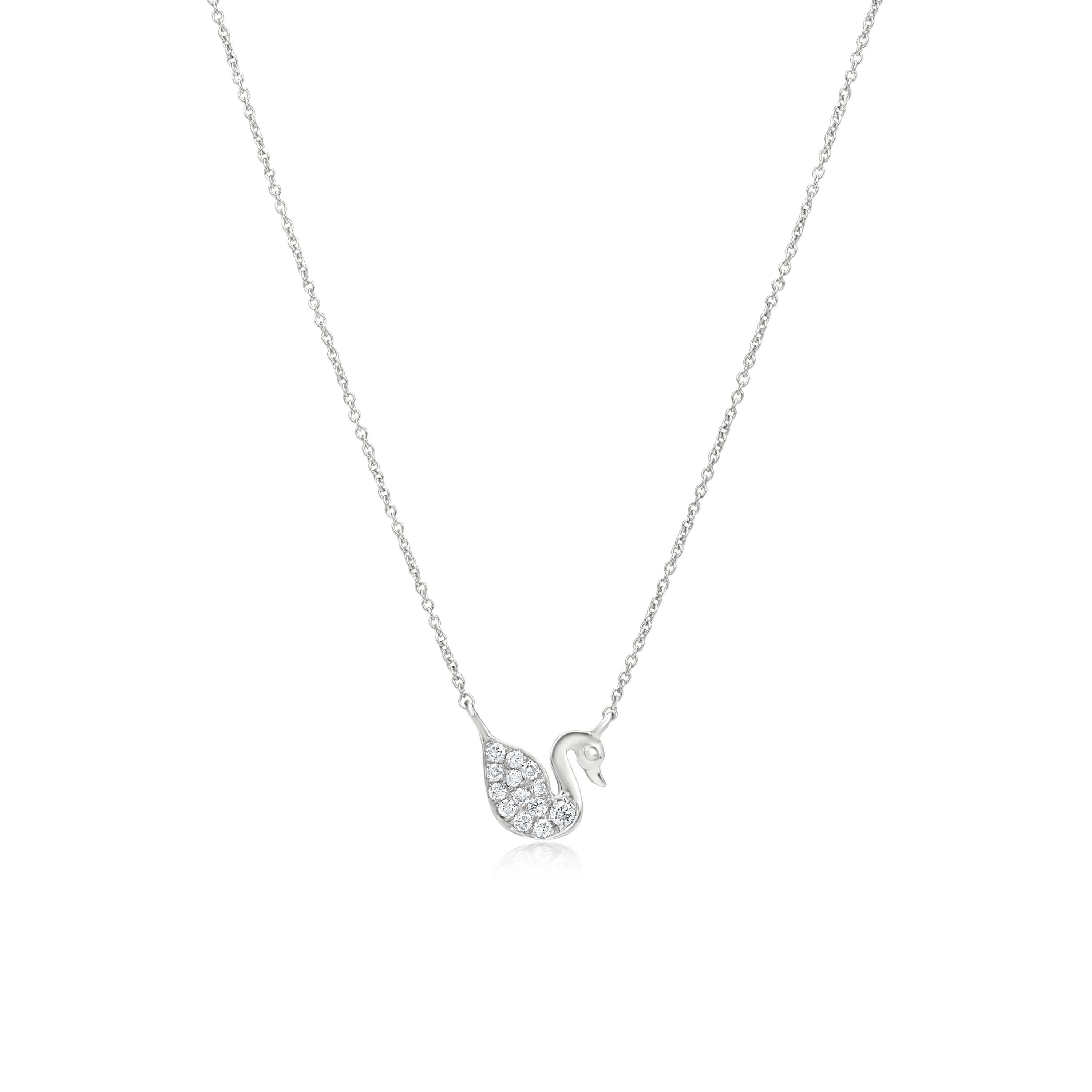 Grace your neckline with a Luxle swan pendant a symbol of fidelity and eternal love. Subtle yet pretty this swan pendant necklace is the new fashion statement. This pendant necklace is featured with 13 round cut diamonds, totaling 0.10Cts