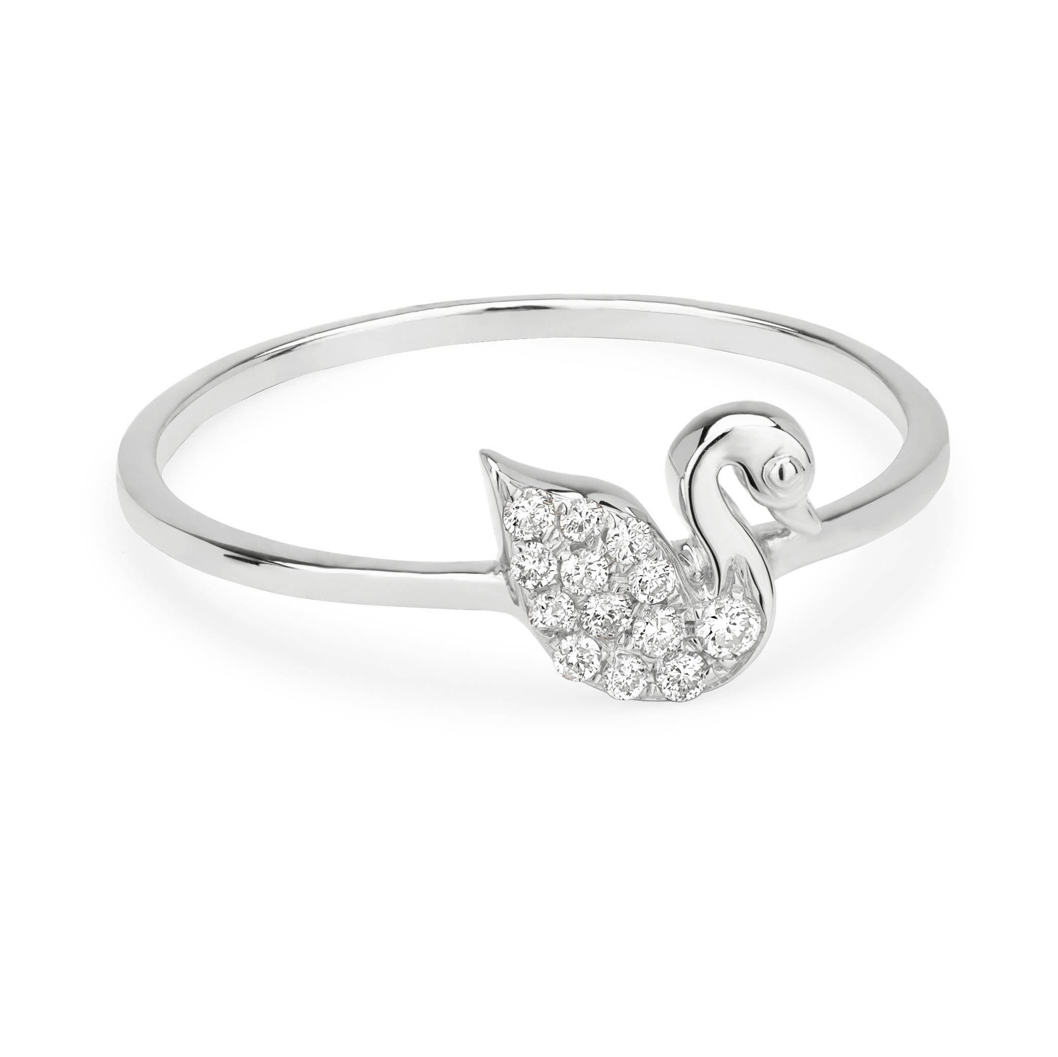 Grace your finger with a Luxle swan ring a symbol of fidelity and eternal love. Subtle yet pretty this swan ring is the new fashion statement. Featured with 13 round cut diamonds, totaling 0.10Cts, embellished in a beautifully crafted motif of swan