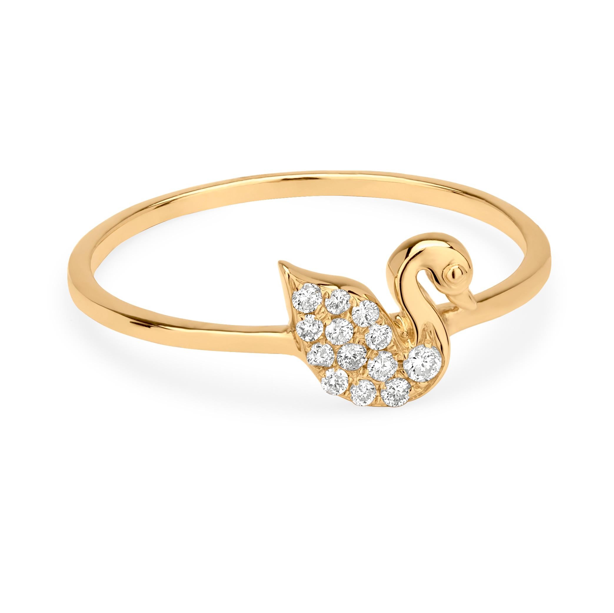 Grace your finger with a Luxle swan ring a symbol of fidelity and eternal love. Subtle yet pretty this swan ring is the new fashion statement. Featured with 13 round cut diamonds, totaling 0.25Cts, embellished in a beautifully crafted motif of swan
