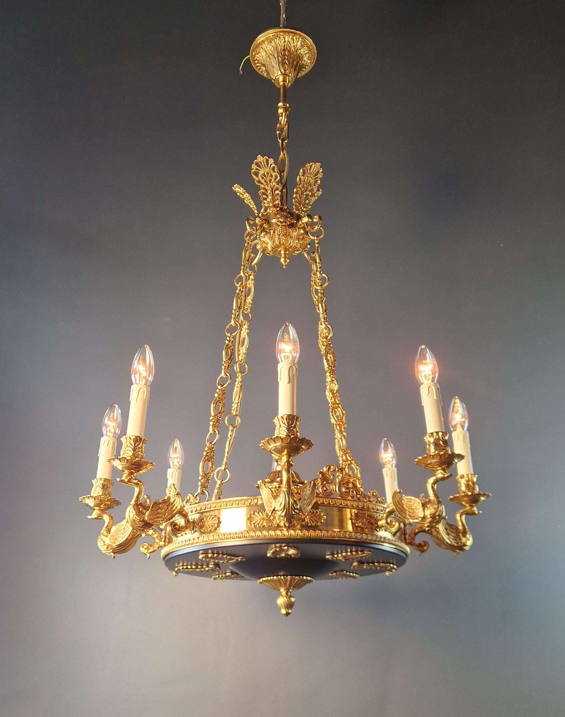 Swan French Brass Empire Chandelier Lustre Lamp Antique Gold For Sale 6
