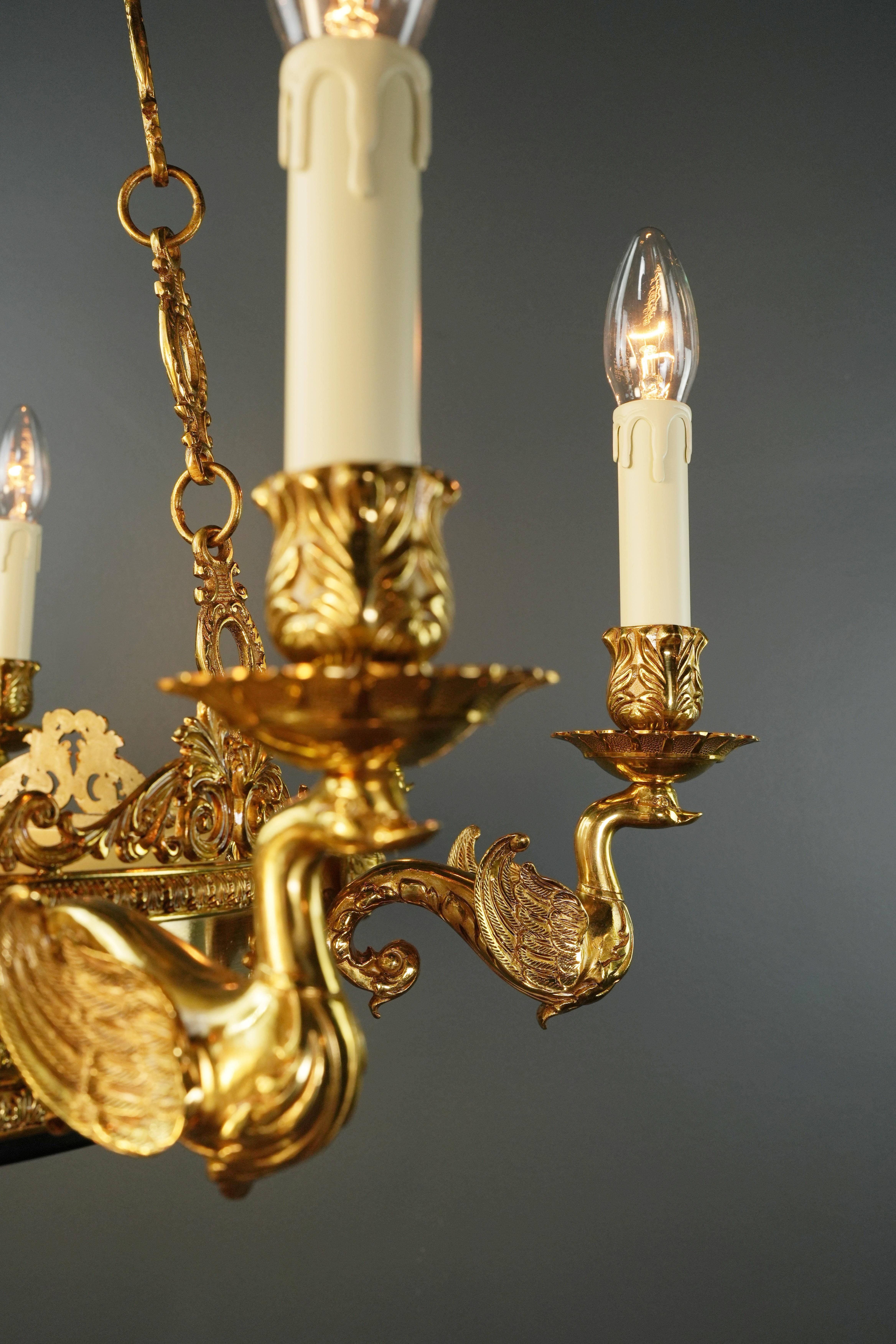 Swan French Brass Empire Chandelier Lustre Lamp Antique Gold For Sale 7