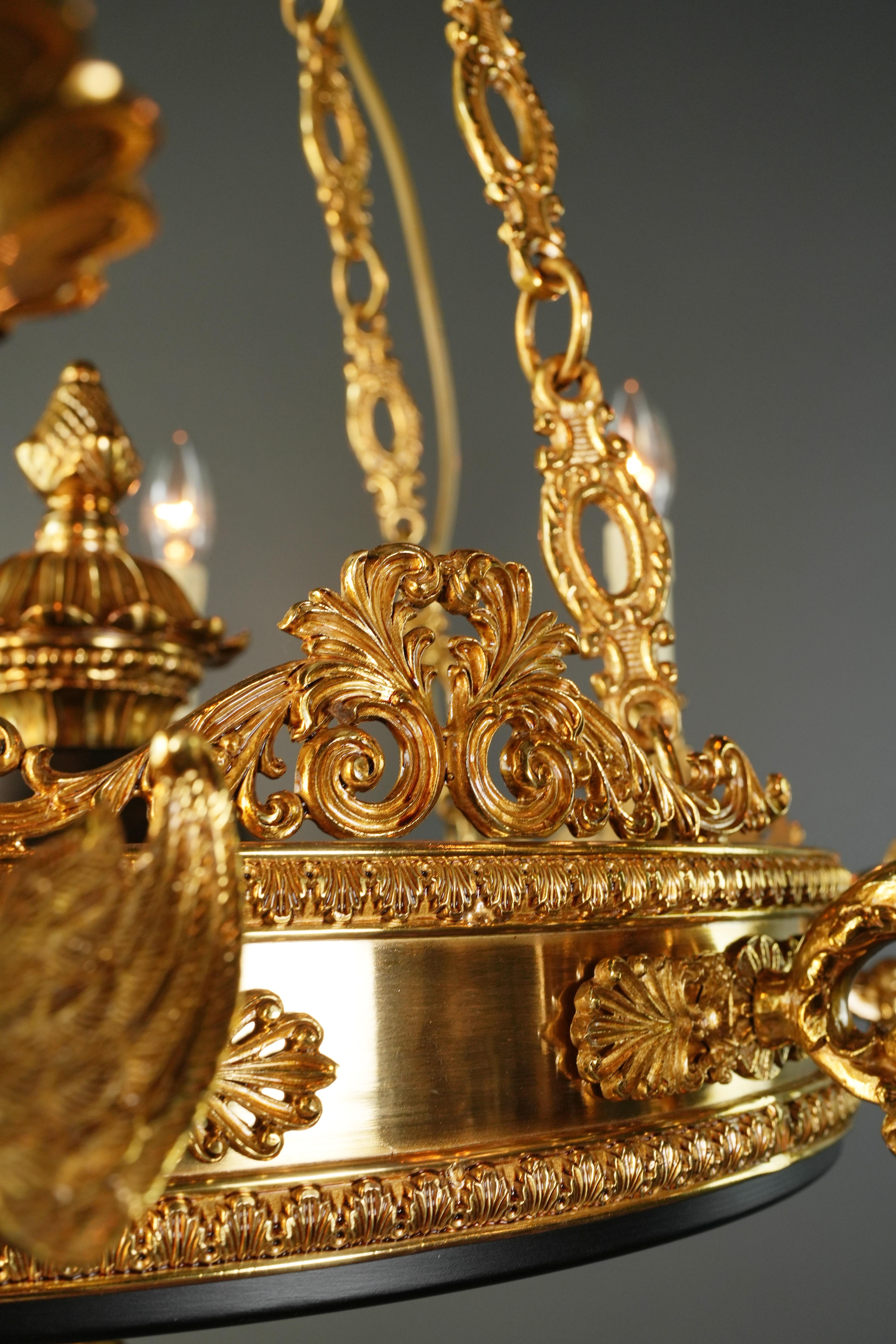 Swan French Brass Empire Chandelier Lustre Lamp Antique Gold For Sale 9