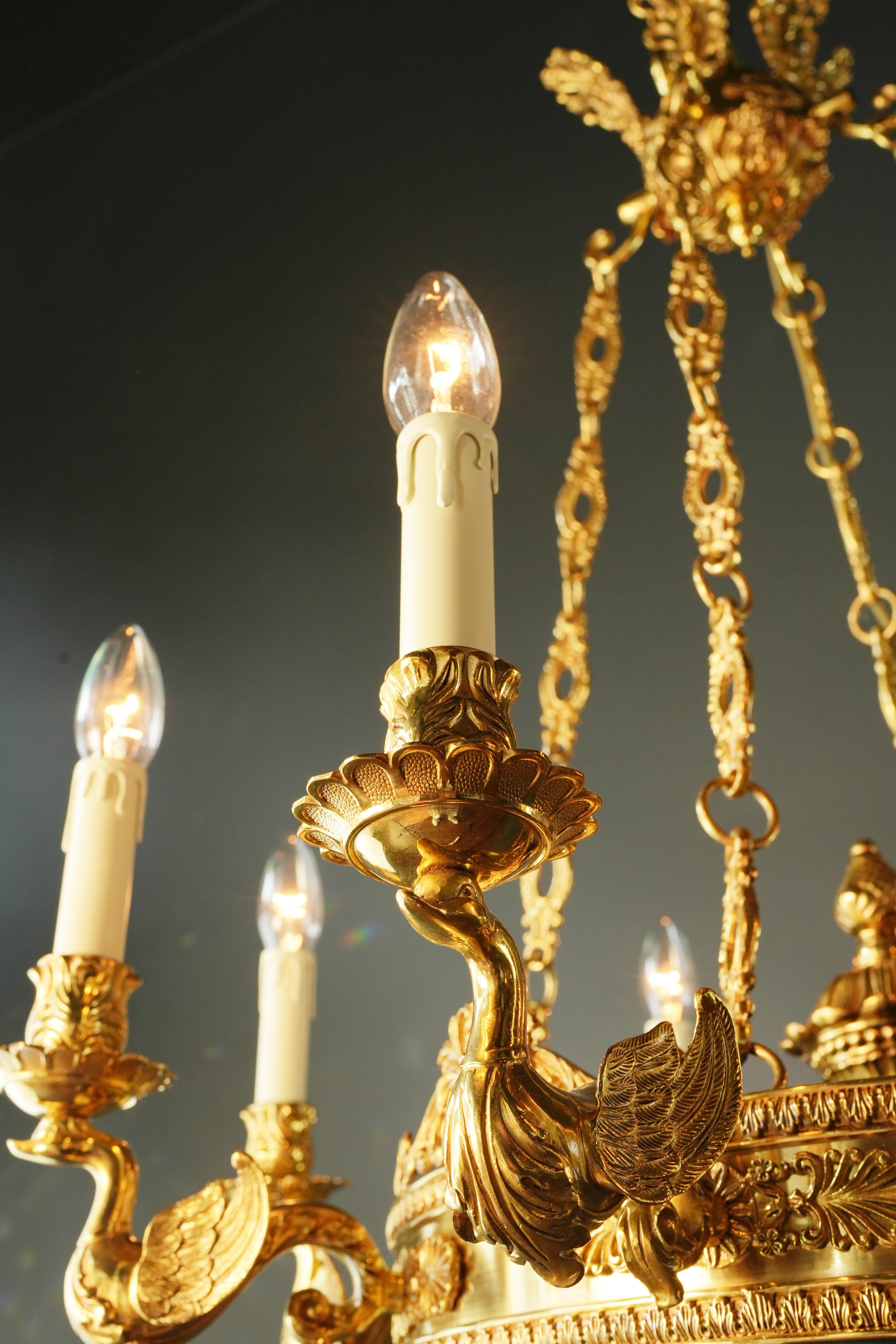 Swan French Brass Empire Chandelier Lustre Lamp Antique Gold For Sale 10