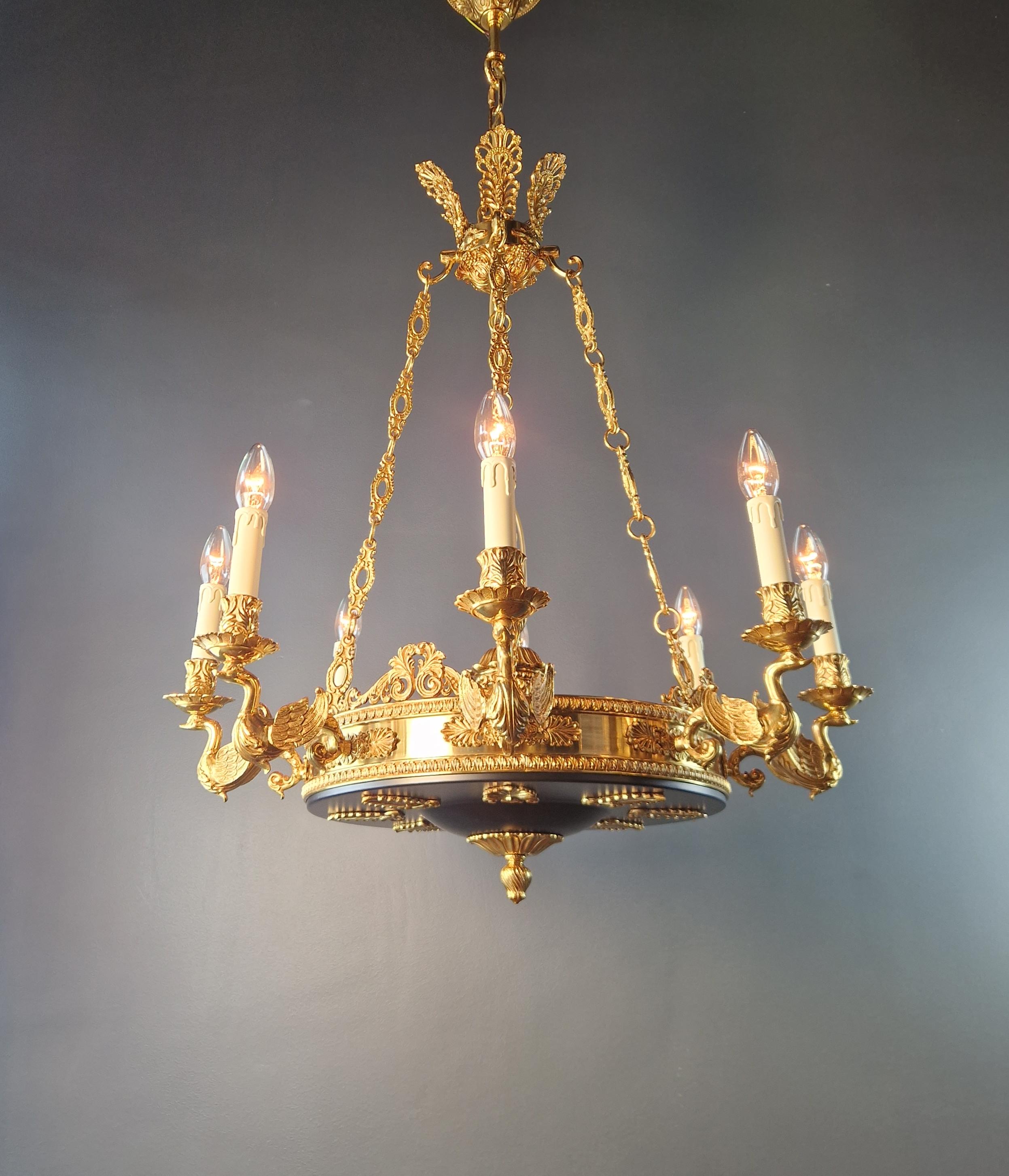 German Swan French Brass Empire Chandelier Lustre Lamp Antique Gold For Sale