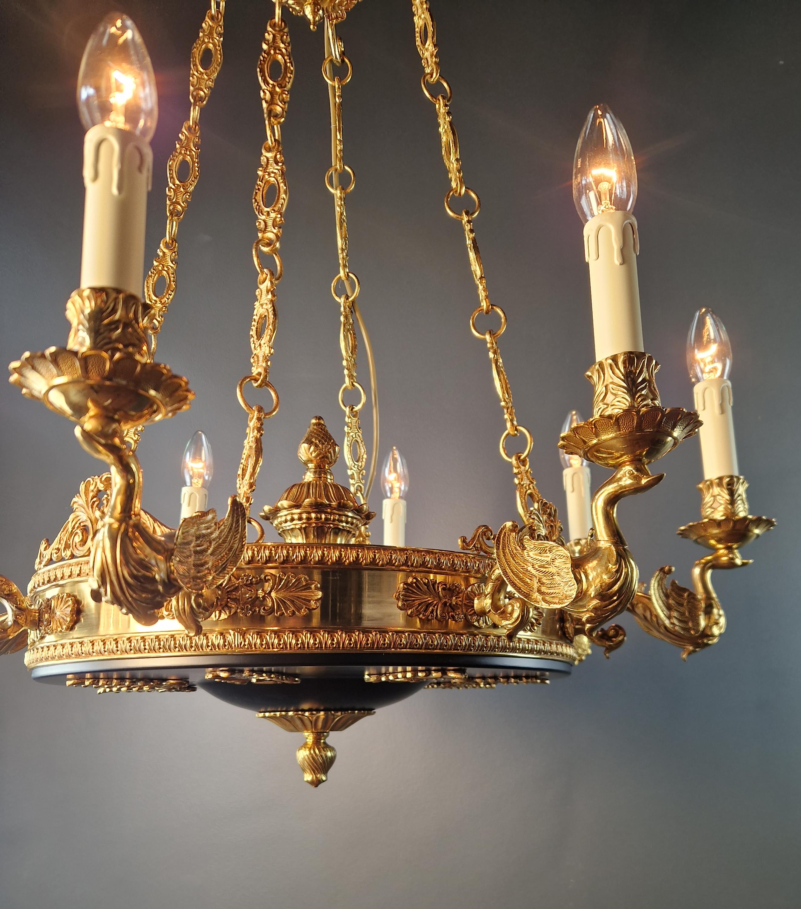 Swan French Brass Empire Chandelier Lustre Lamp Antique Gold In New Condition For Sale In Berlin, DE