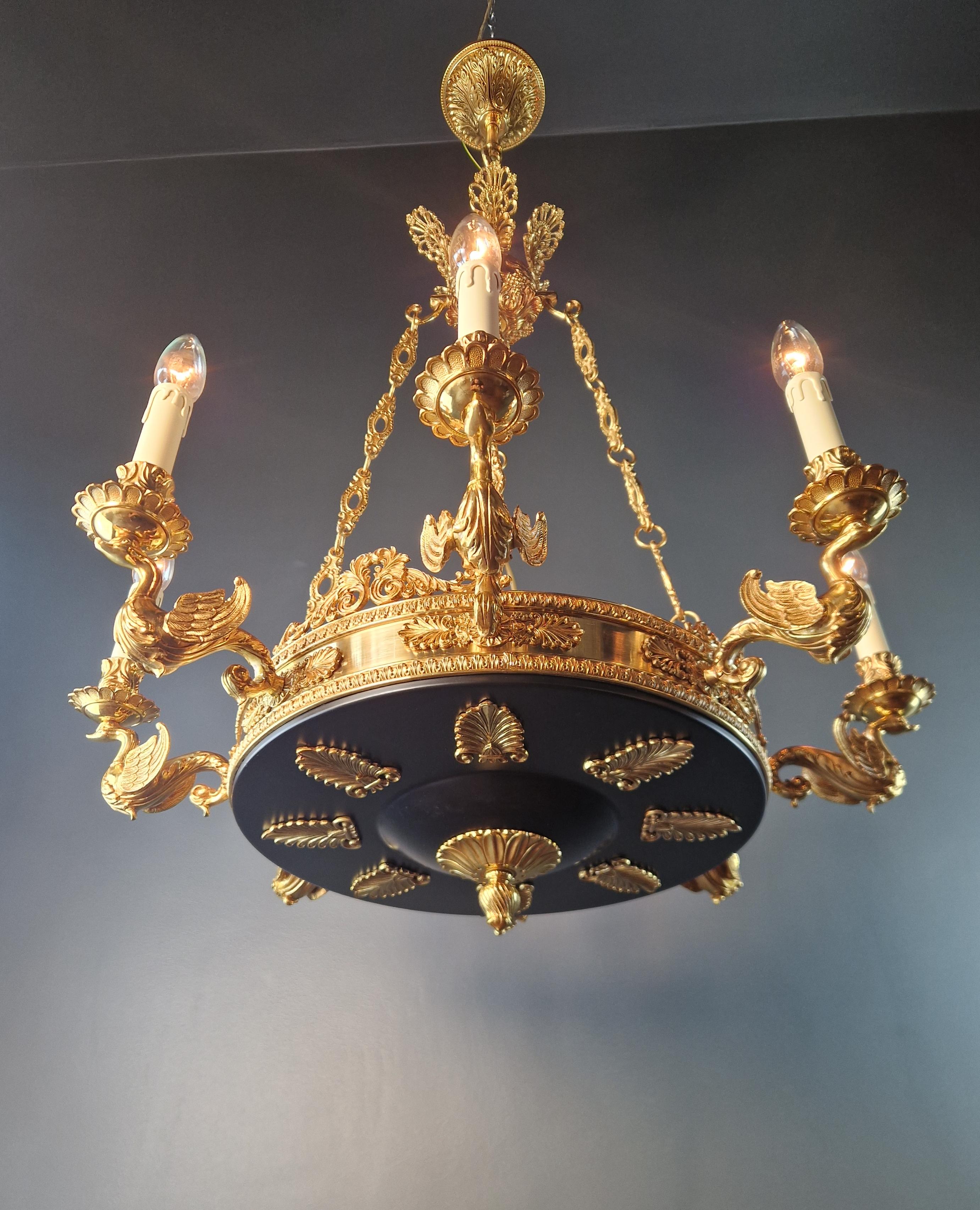 Contemporary Swan French Brass Empire Chandelier Lustre Lamp Antique Gold For Sale
