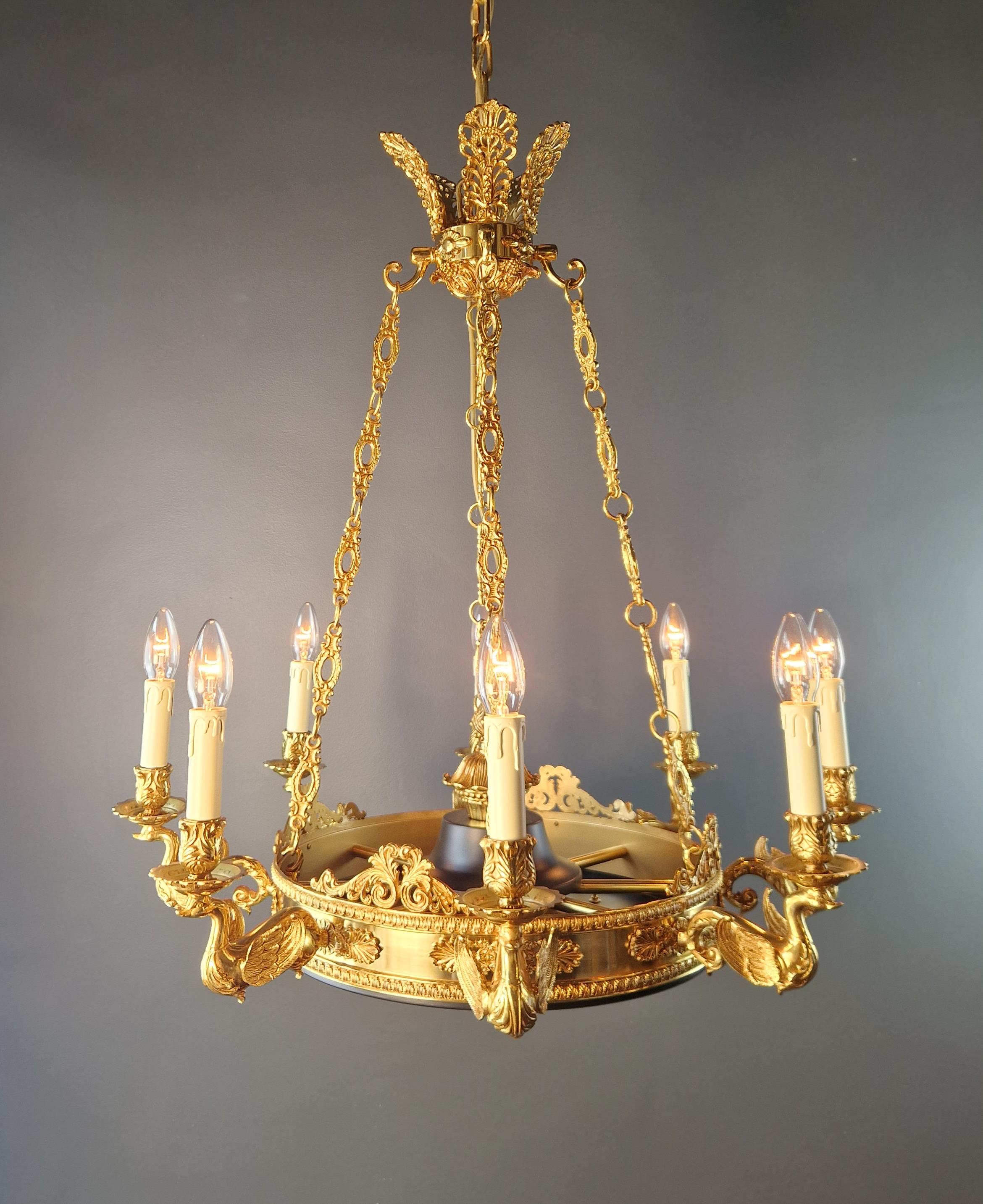 Swan French Brass Empire Chandelier Lustre Lamp Antique Gold For Sale 2