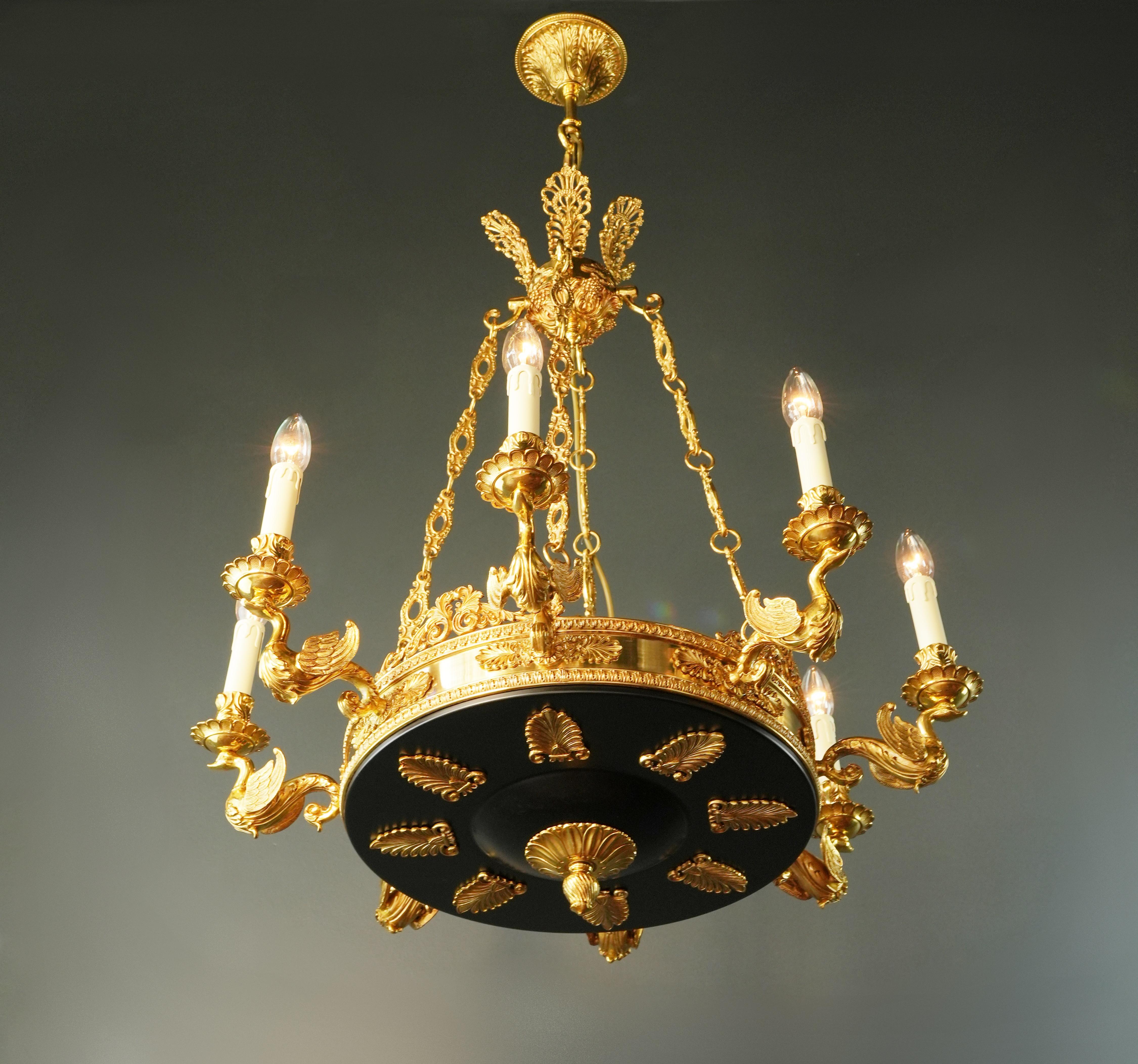 Swan French Brass Empire Chandelier Lustre Lamp Antique Gold For Sale 1