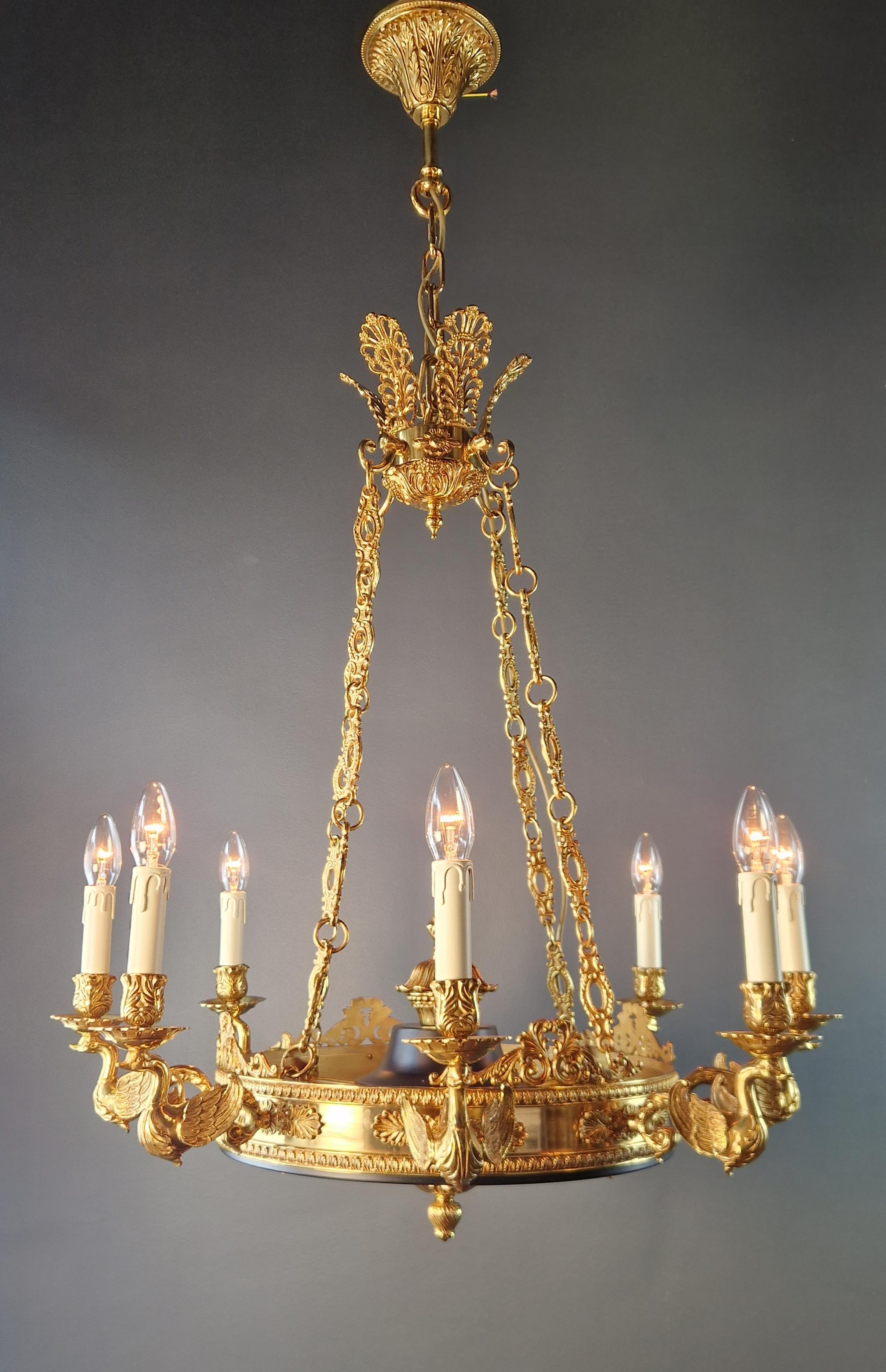 Swan French Brass Empire Chandelier Lustre Lamp Antique Gold For Sale 3