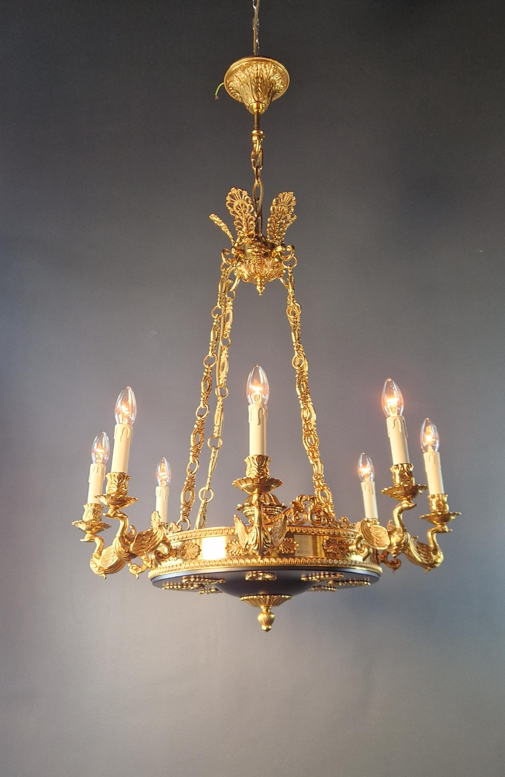 Swan French Brass Empire Chandelier Lustre Lamp Antique Gold For Sale 4